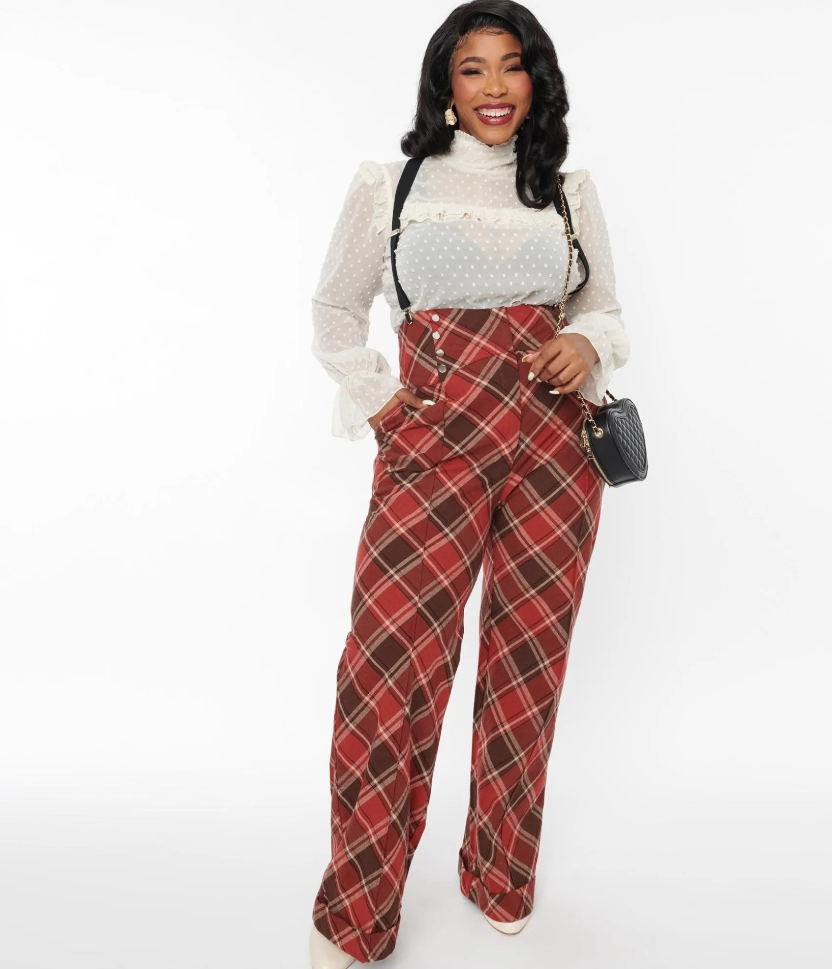 Unique Vintage 1940s Red & Brown Plaid Wide Leg Suspender Pants Store