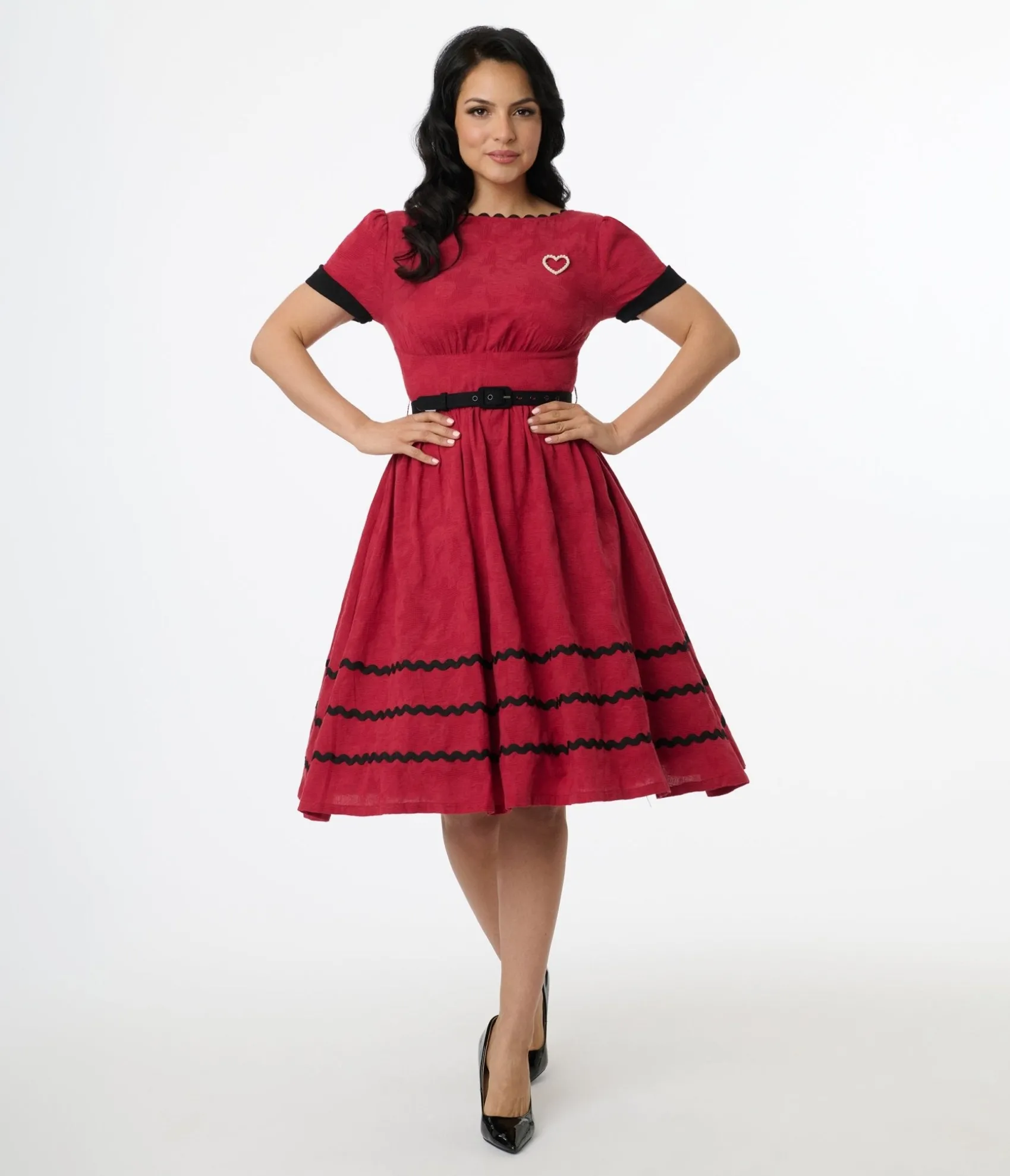 Unique Vintage 1950s Red & Faux Pearl Heart Pin Cotton Swing Dress Shop