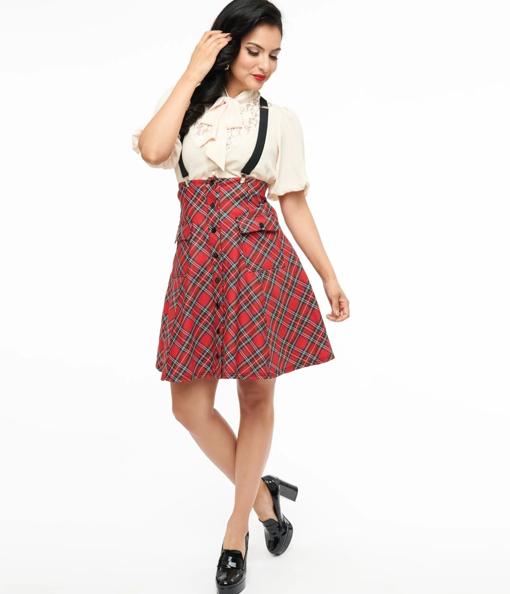 Unique Vintage 1950s Red Bias Plaid Suspender Flare Skirt Discount