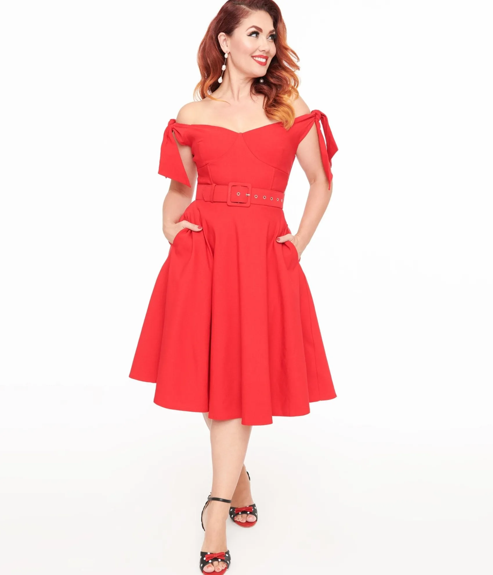 Unique Vintage 1960s Red Off The Shoulder Swing Dress Flash Sale