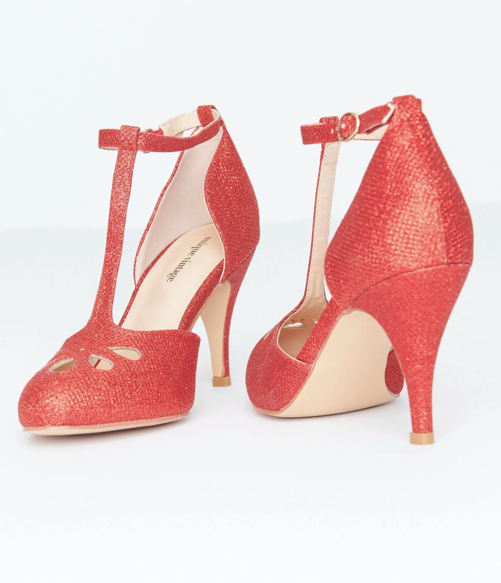 Unique Vintage 1920s Red Sparkle T-Strap Astaire Pumps Best Sale