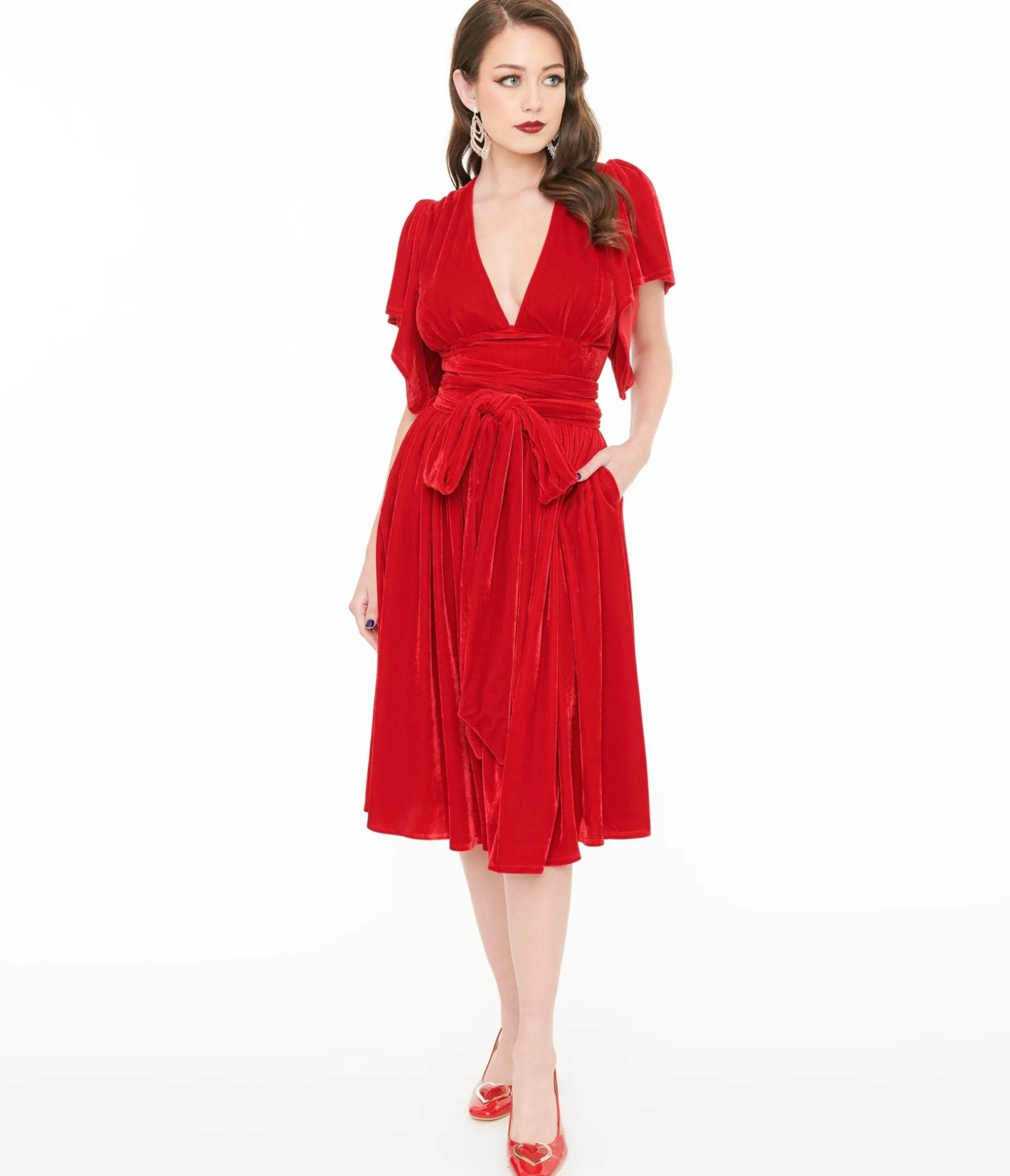 Unique Vintage 1940s Red Velvet Flutter Sleeve Swing Dress Sale