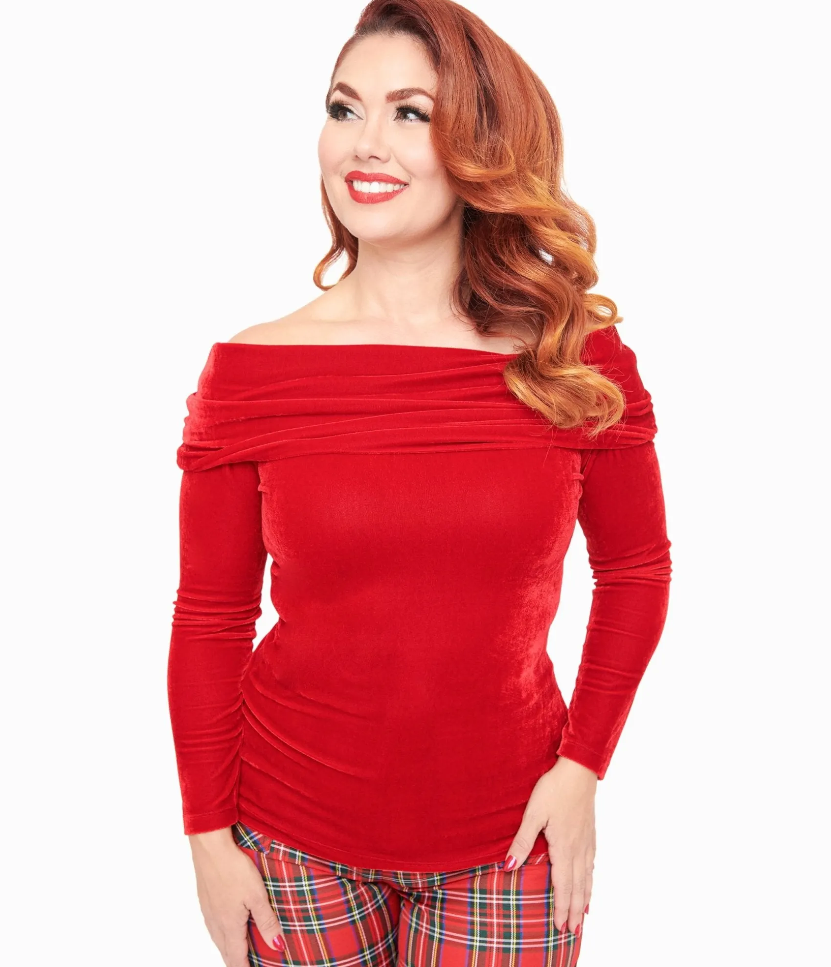 Unique Vintage 1960s Red Velvet Folded Shoulder Knit Top Cheap