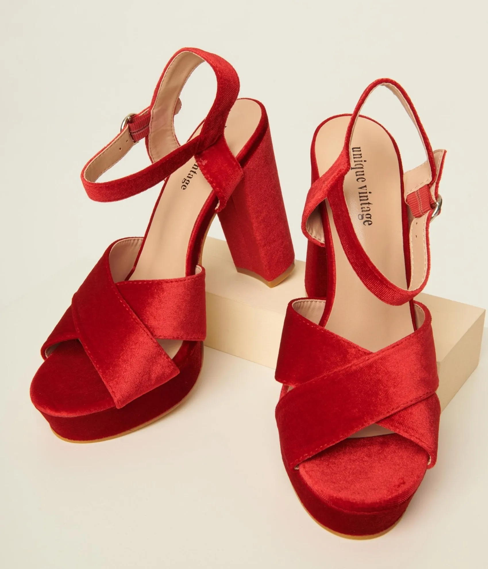 Unique Vintage 1970s Red Velvet Platforms Cheap