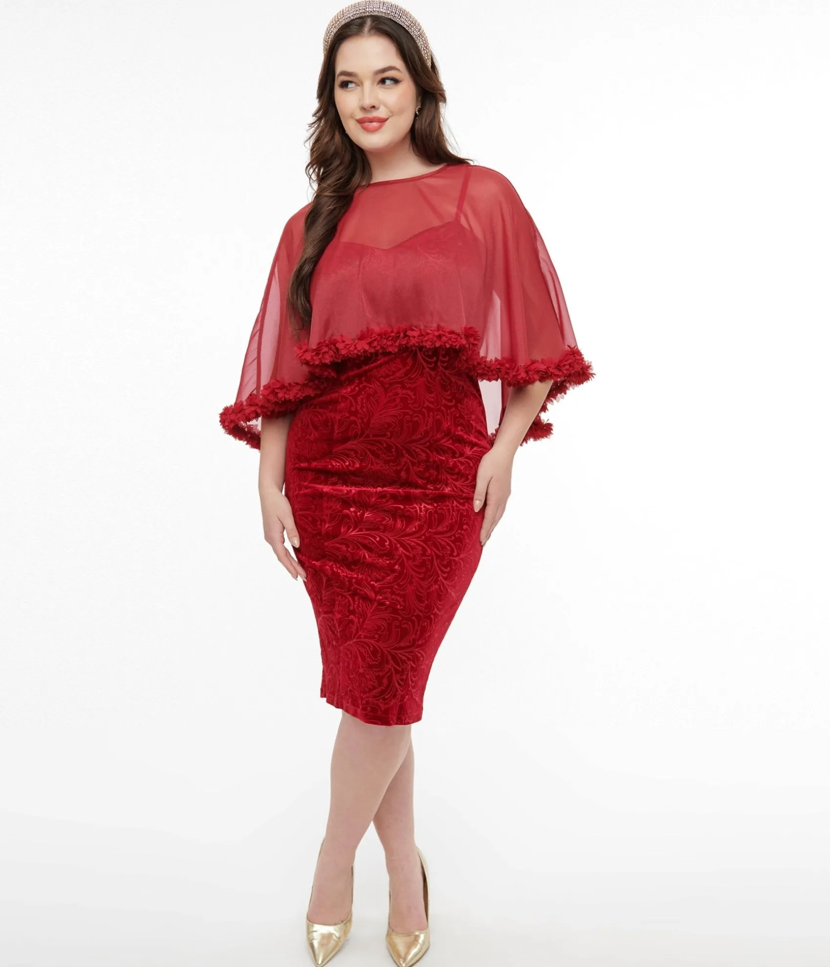 Unique Vintage 1960s Red Velvet Ruffle Capelet Wiggle Dress Best