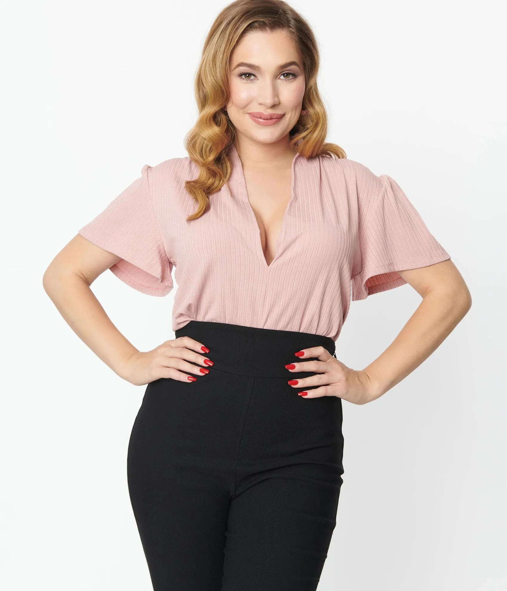 Unique Vintage 1970s Rose Pink Pointelle Flutter Sleeve Bodysuit Clearance