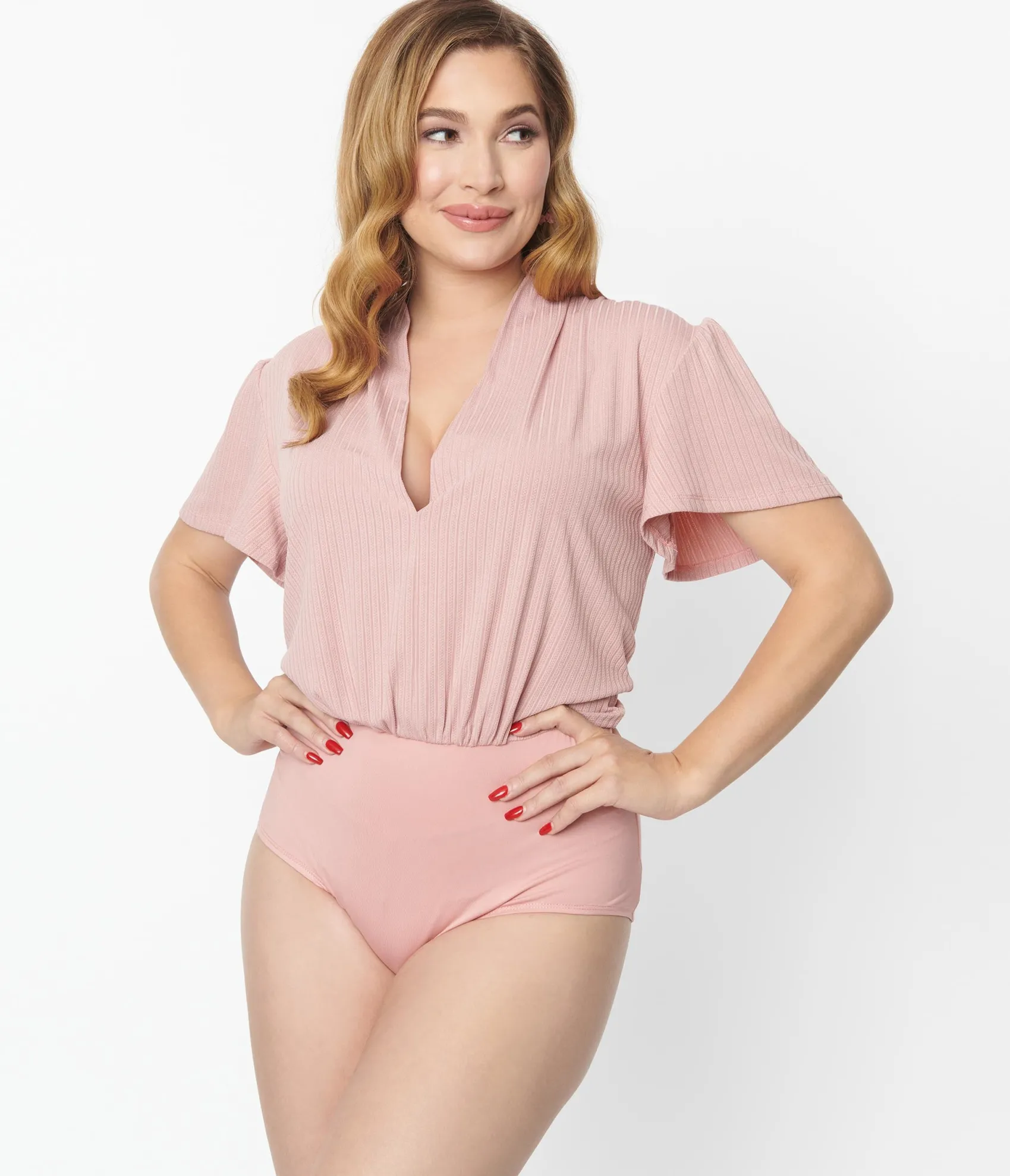 Unique Vintage 1970s Rose Pink Pointelle Flutter Sleeve Bodysuit Clearance
