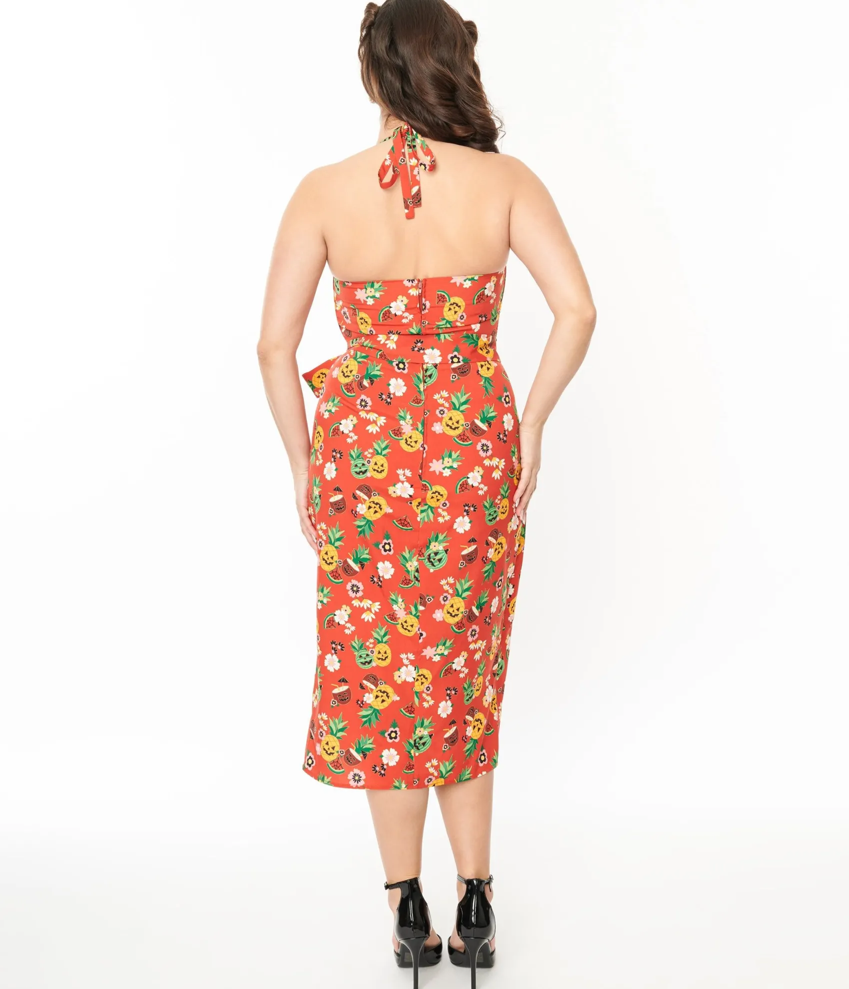 Unique Vintage 1950s Rust & June-O-Ween Fruit Print Leilani Sarong Dress Store