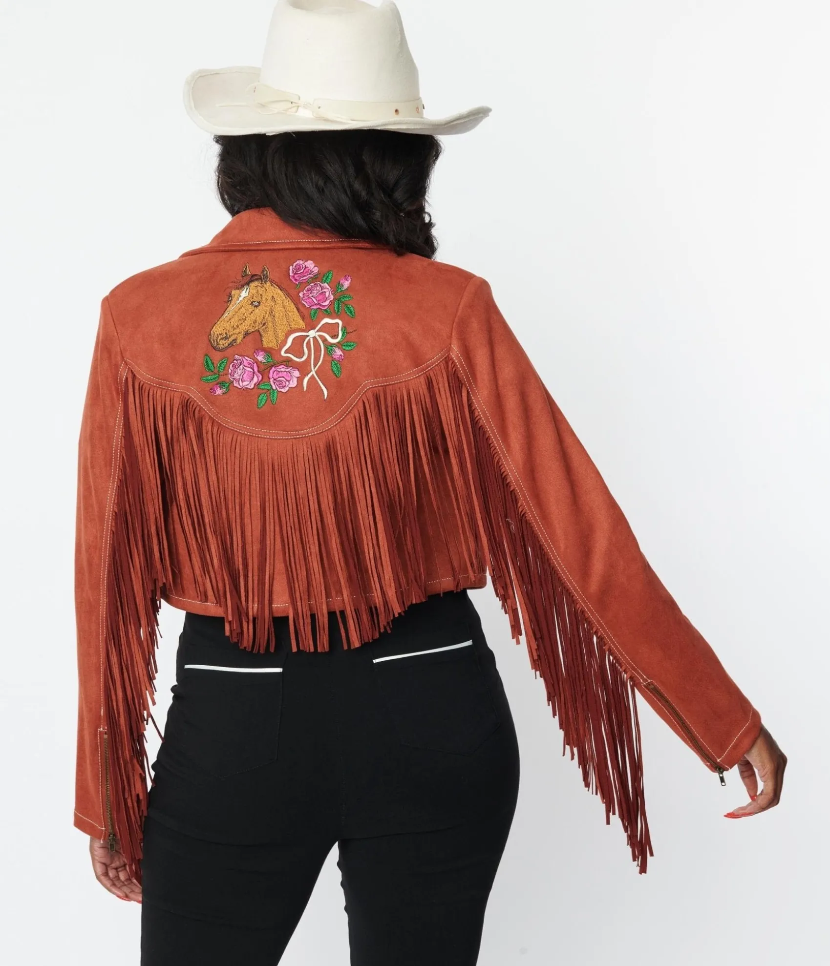 Unique Vintage 1970s Rust Suede & Embroidered Horse Cattle Call Jacket Best