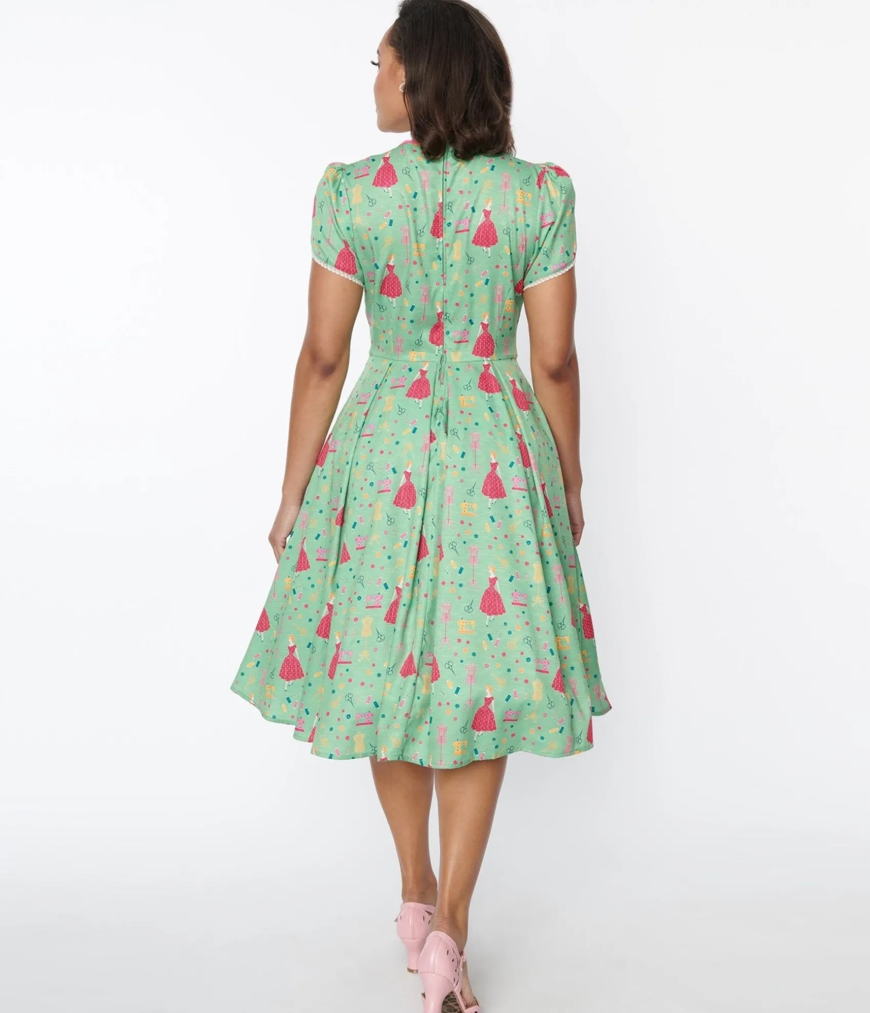 Unique Vintage 1940s Sage & Retro Sewing Print Dahlia Swing Dress Outlet