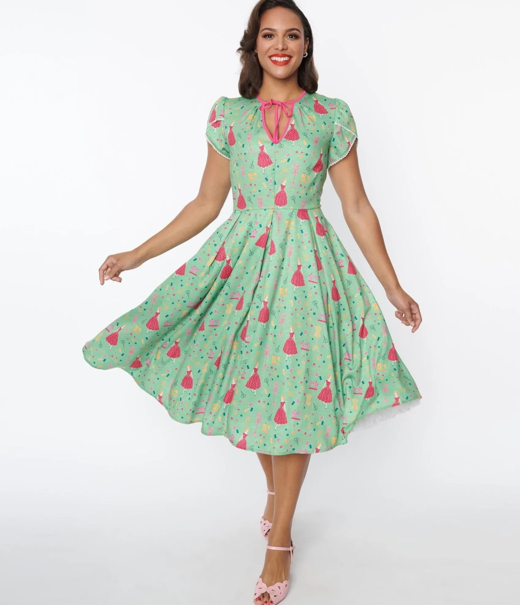 Unique Vintage 1940s Sage & Retro Sewing Print Dahlia Swing Dress Outlet