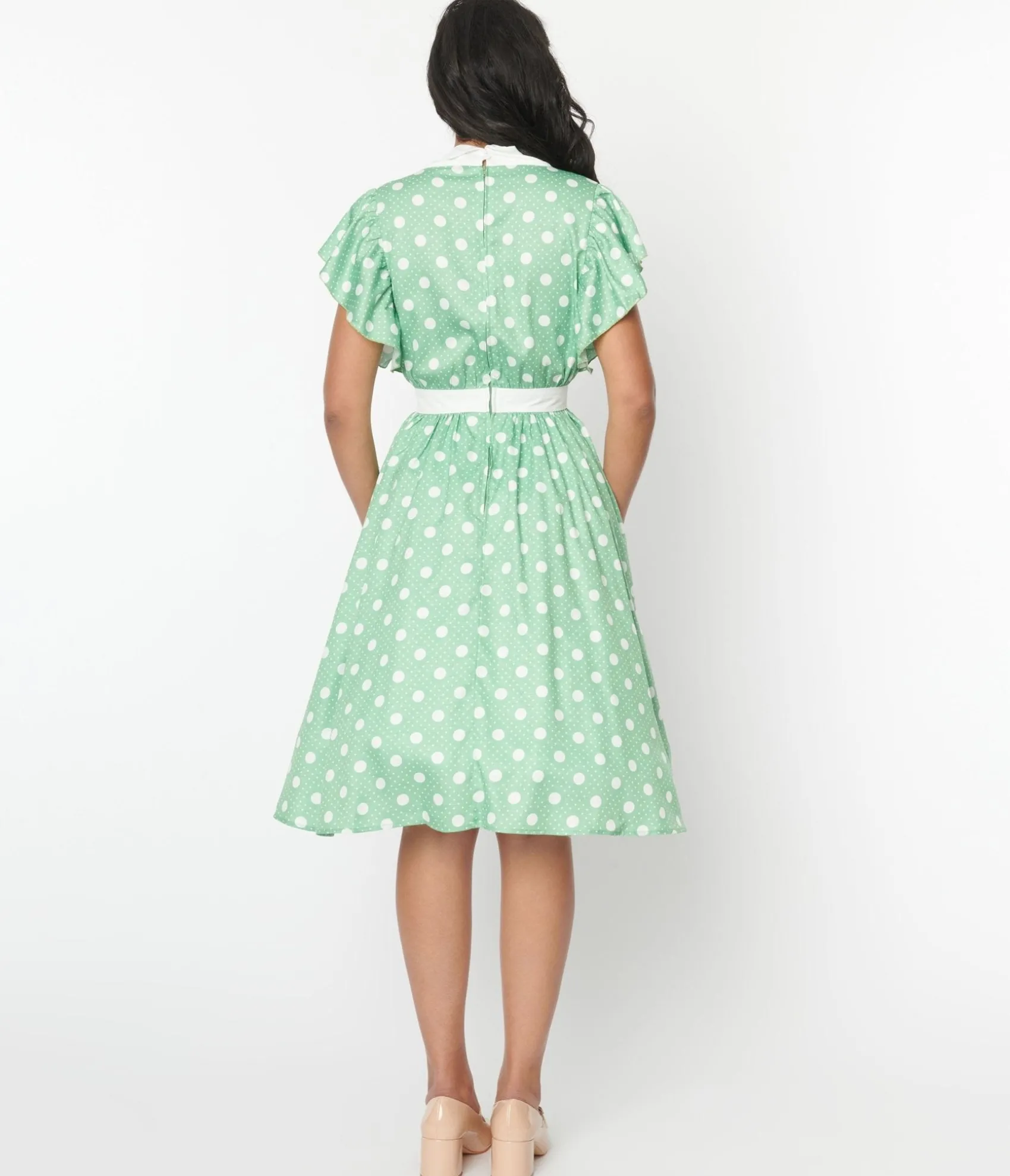 Unique Vintage 1940s Sage & White Polka Dot Flutter Swing Dress Online