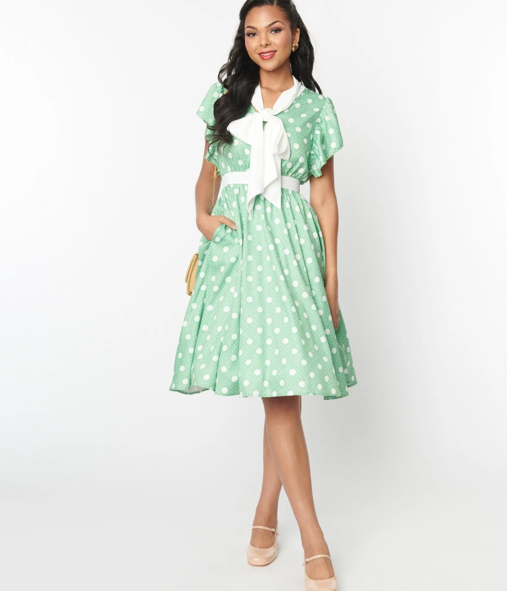 Unique Vintage 1940s Sage & White Polka Dot Flutter Swing Dress Online