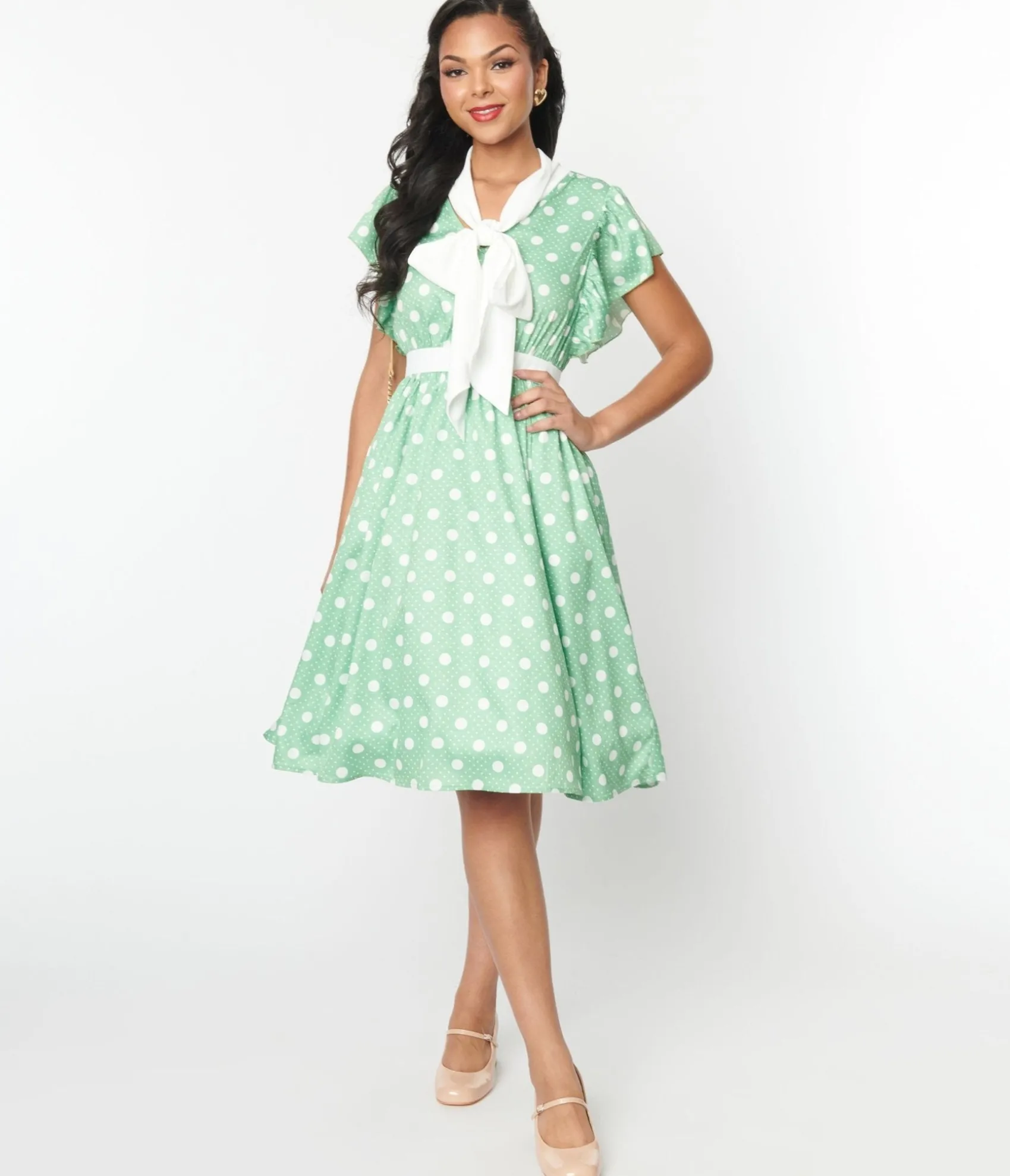 Unique Vintage 1940s Sage & White Polka Dot Flutter Swing Dress Online
