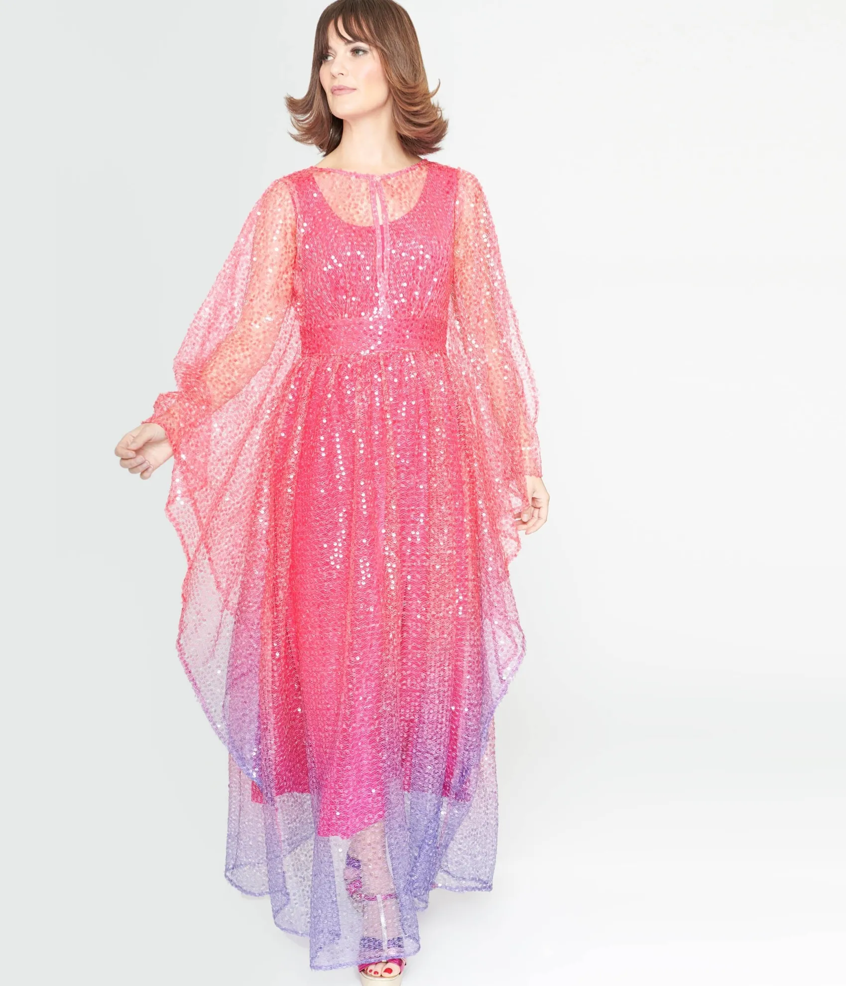 Unique Vintage 1970s Sheer Pink & Purple Ombre Sequin Flutter Sleeve Caftan New