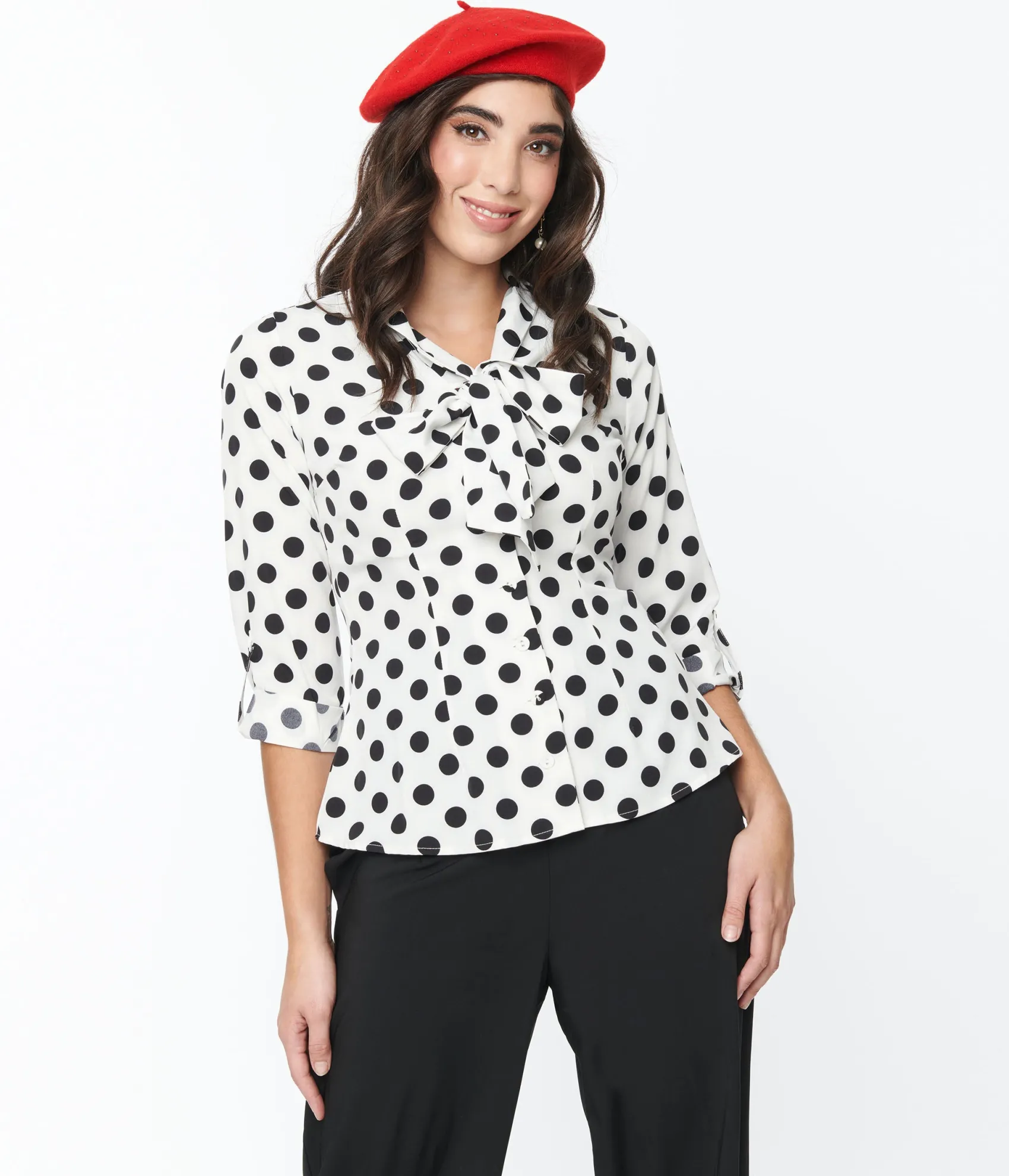 Unique Vintage 1940s Sheer White & Black Dot Olivia Blouse Hot