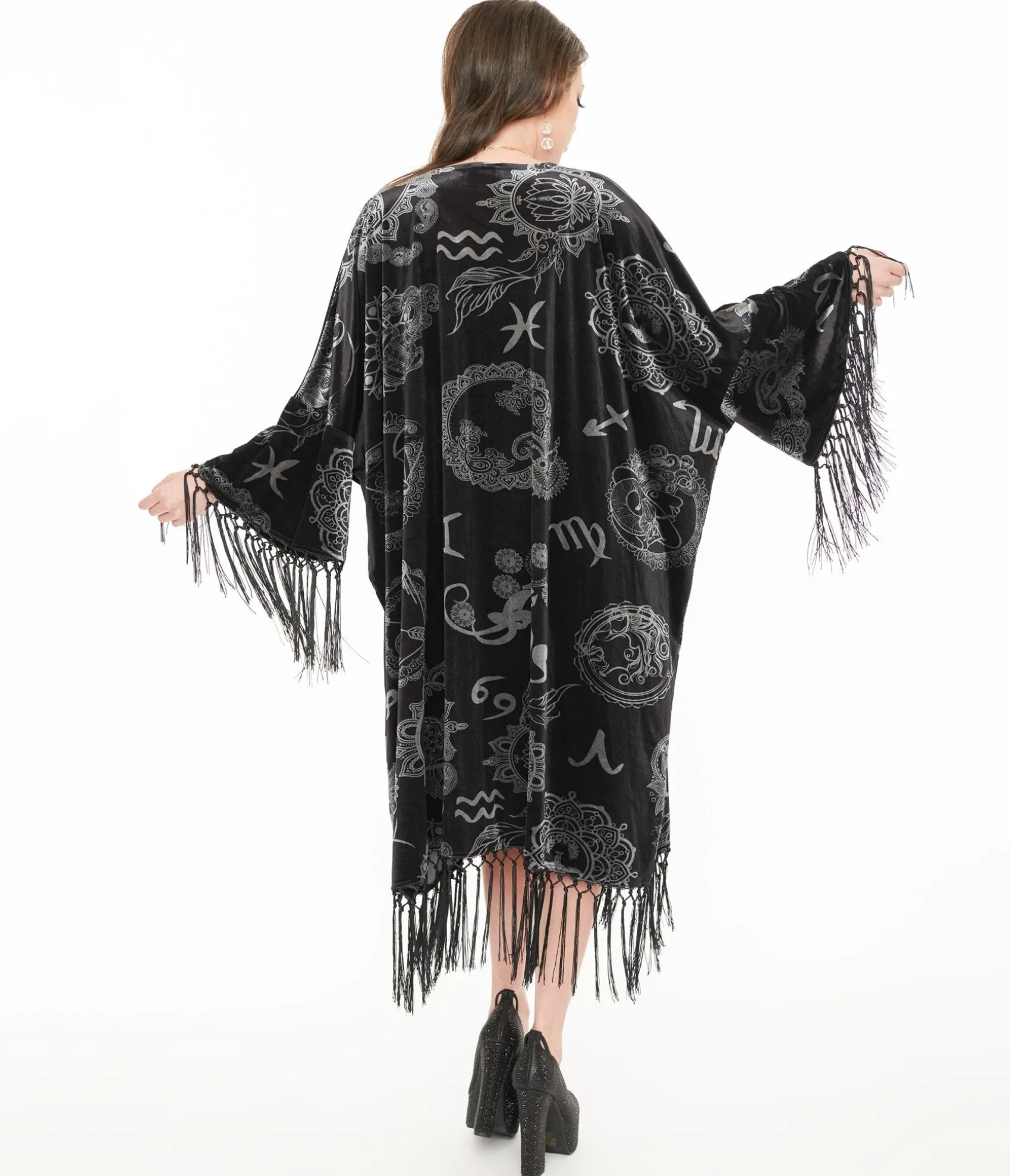 Unique Vintage 1920s Silver & Black Velvet Zodiac Fringe Kimono New