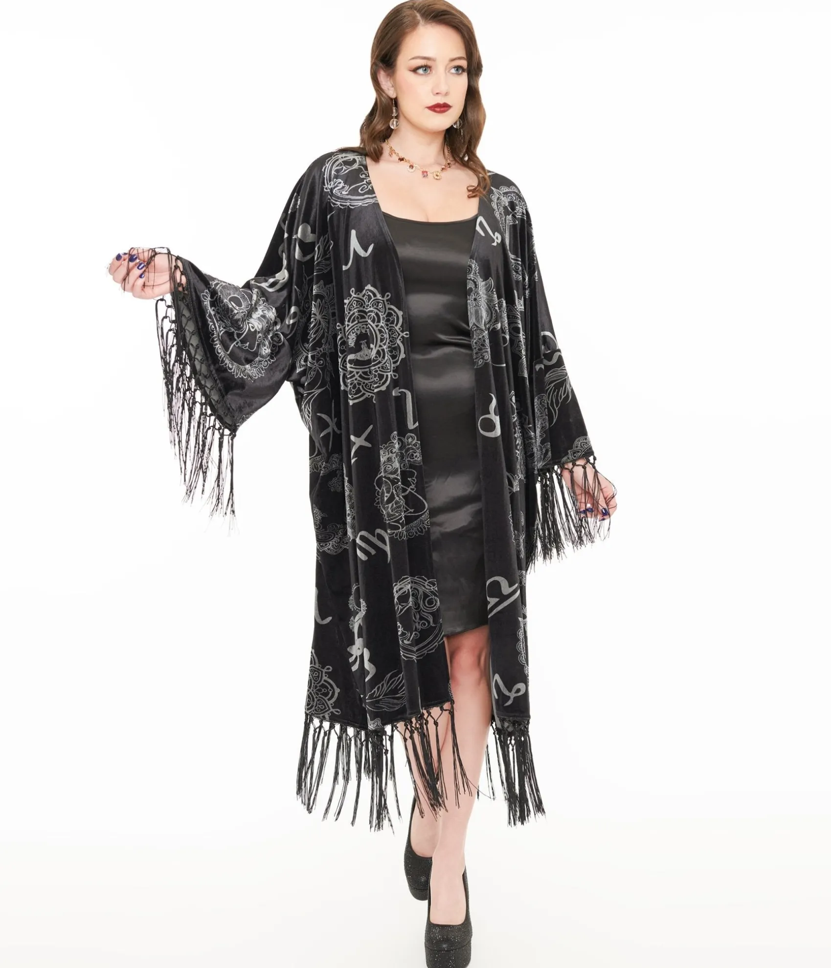 Unique Vintage 1920s Silver & Black Velvet Zodiac Fringe Kimono New