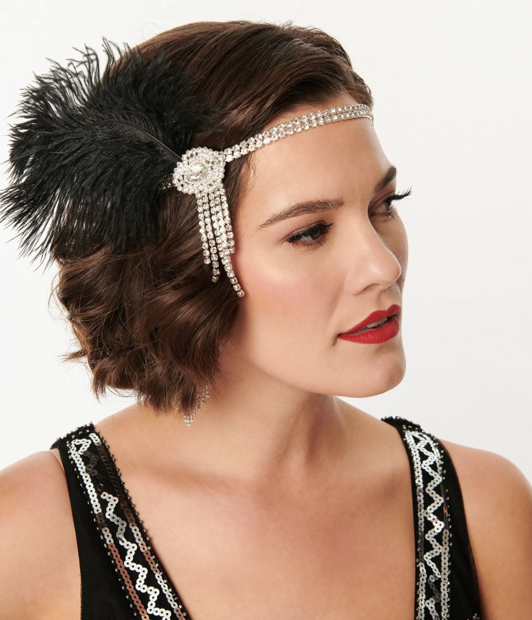 Unique Vintage 1920s Silver Rhinestone & Black Feather Headband Cheap