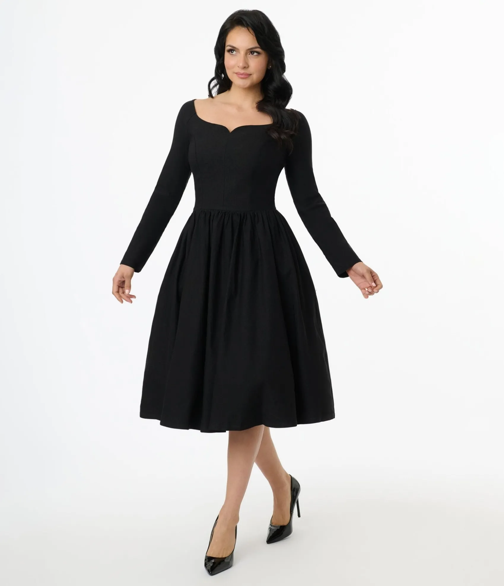 Unique Vintage 1950s Solid Black Sweetheart Swing Dress Clearance