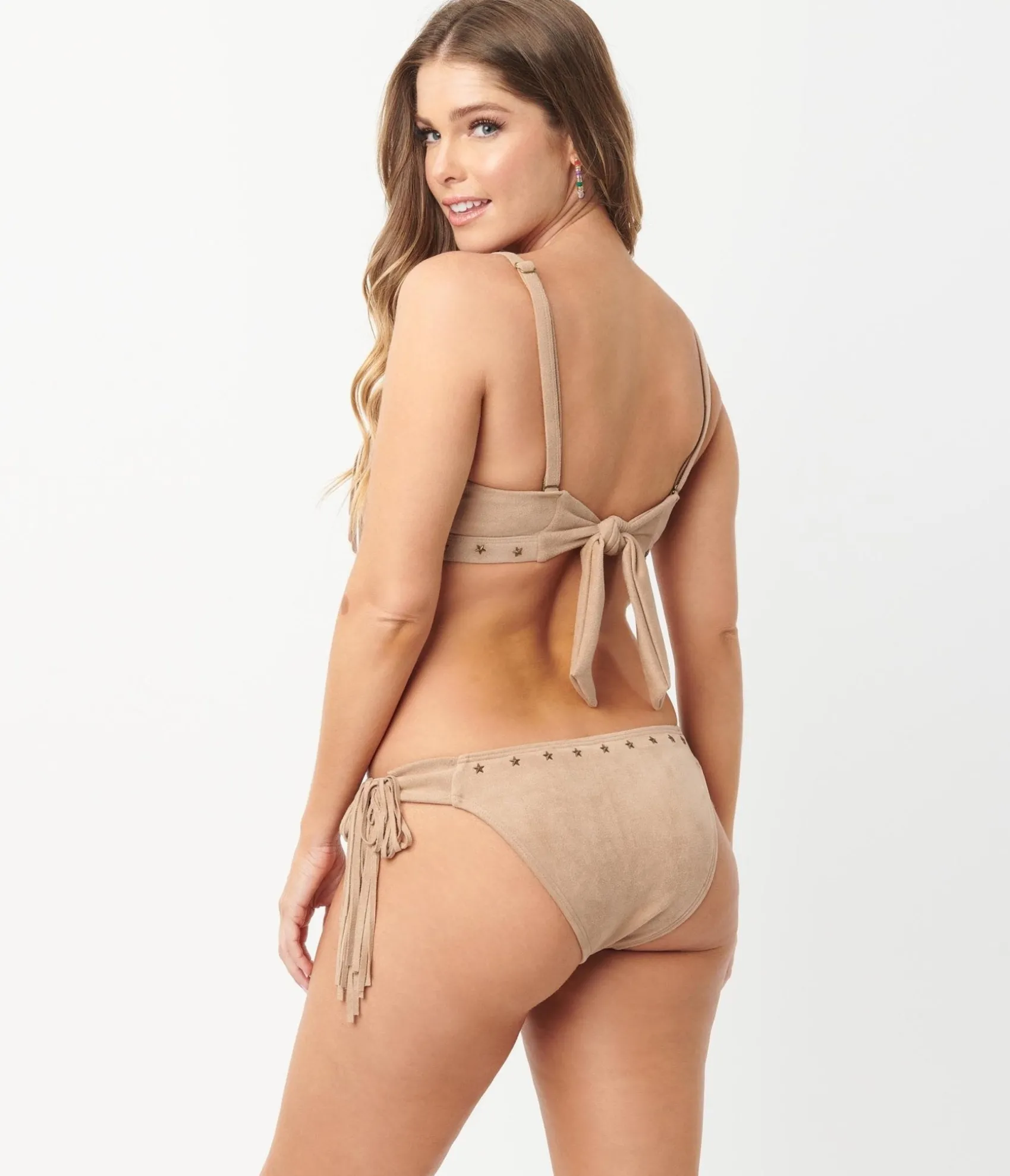 Unique Vintage 1970s Tan Suede Fringe Sweet & Sash-y Swim Bottom Clearance