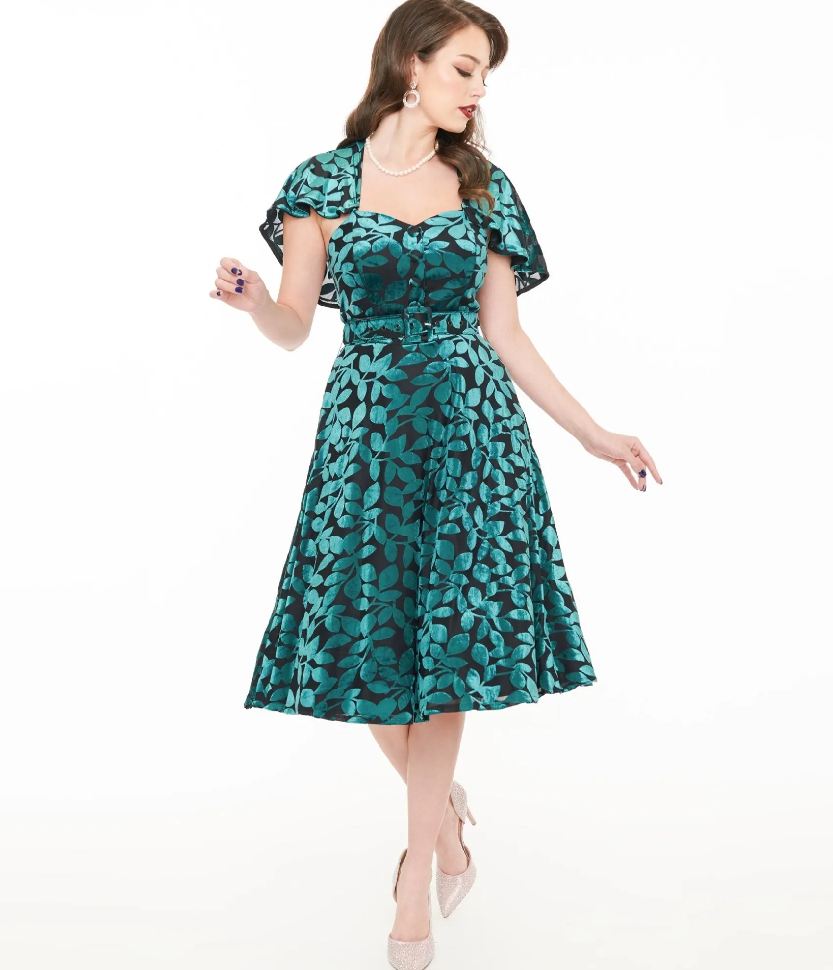 Unique Vintage 1950s Teal & Black Velvet Burnout Capelet Swing Dress Clearance