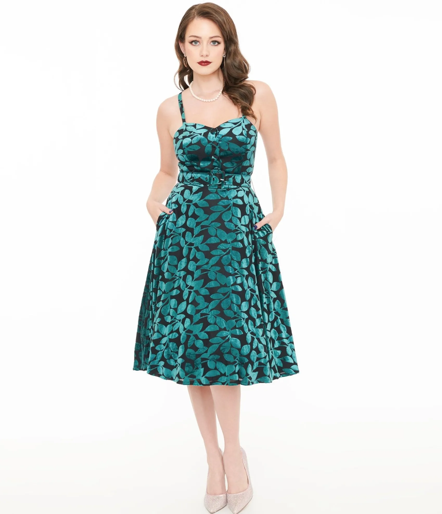 Unique Vintage 1950s Teal & Black Velvet Burnout Capelet Swing Dress Clearance