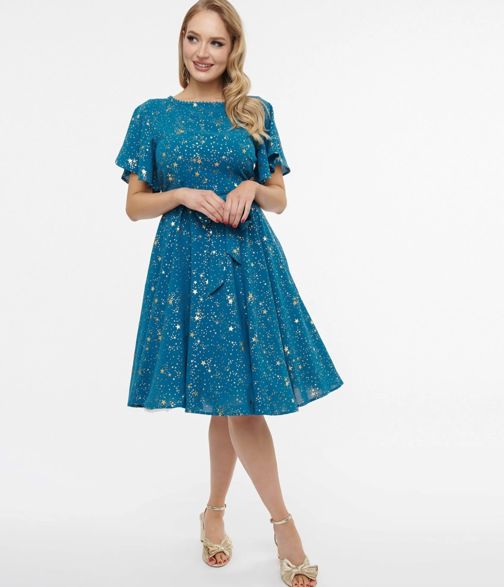 Unique Vintage 1930s Teal & Gold Star Swing Dress Store