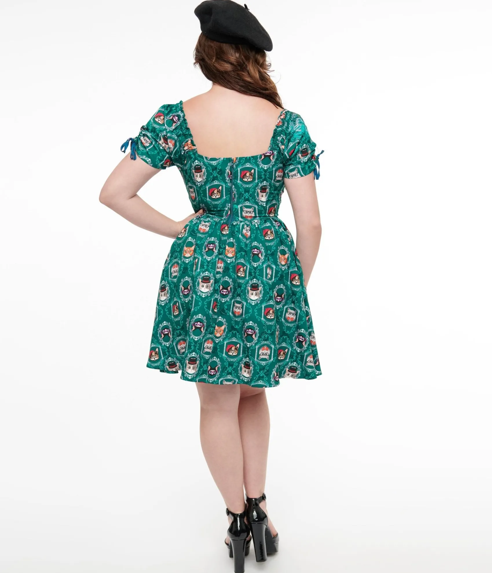 Unique Vintage 1950s Teal Cat Print Swing Dress Outlet