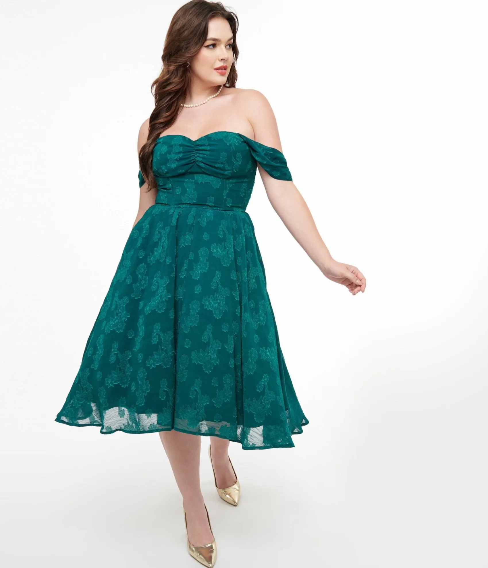 Unique Vintage 1950s Teal Jacquard Off Shoulder Flare Dress Sale