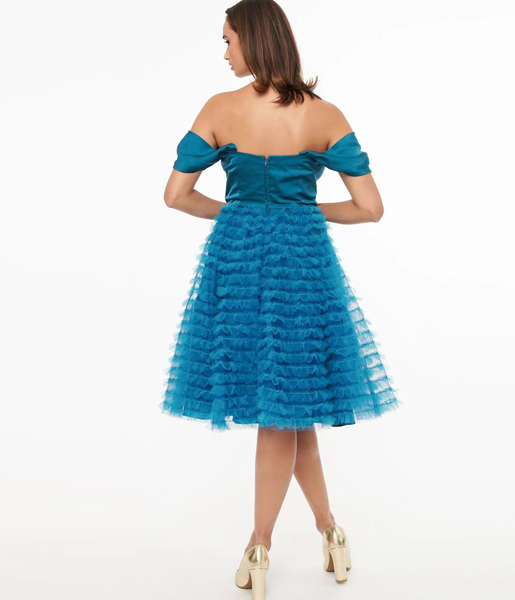 Unique Vintage 1950s Teal Mesh Tulle Off The Shoulder Swing Dress Cheap