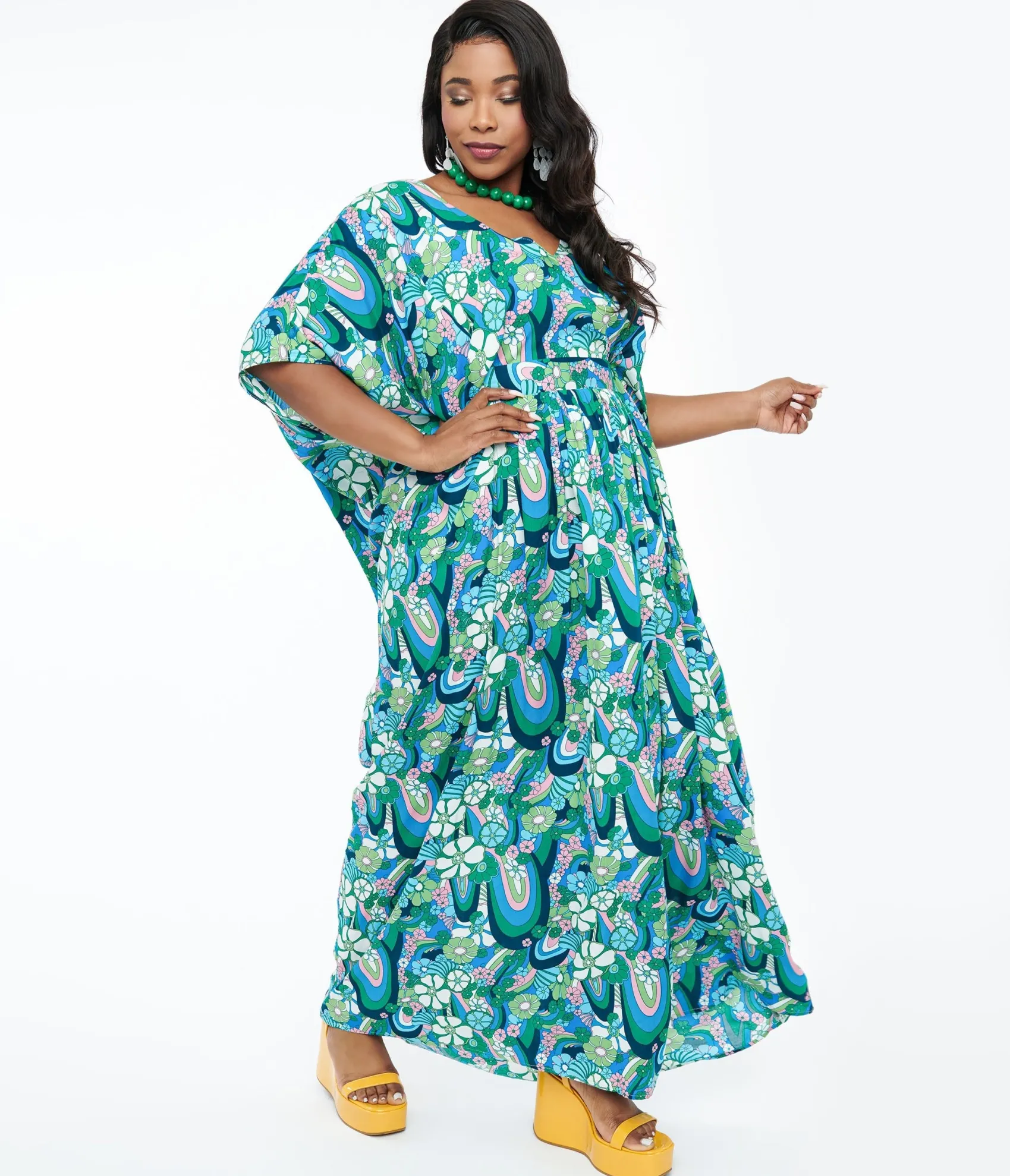 Unique Vintage 1970s Teal Psychedelic Floral Burton Caftan Dress Clearance