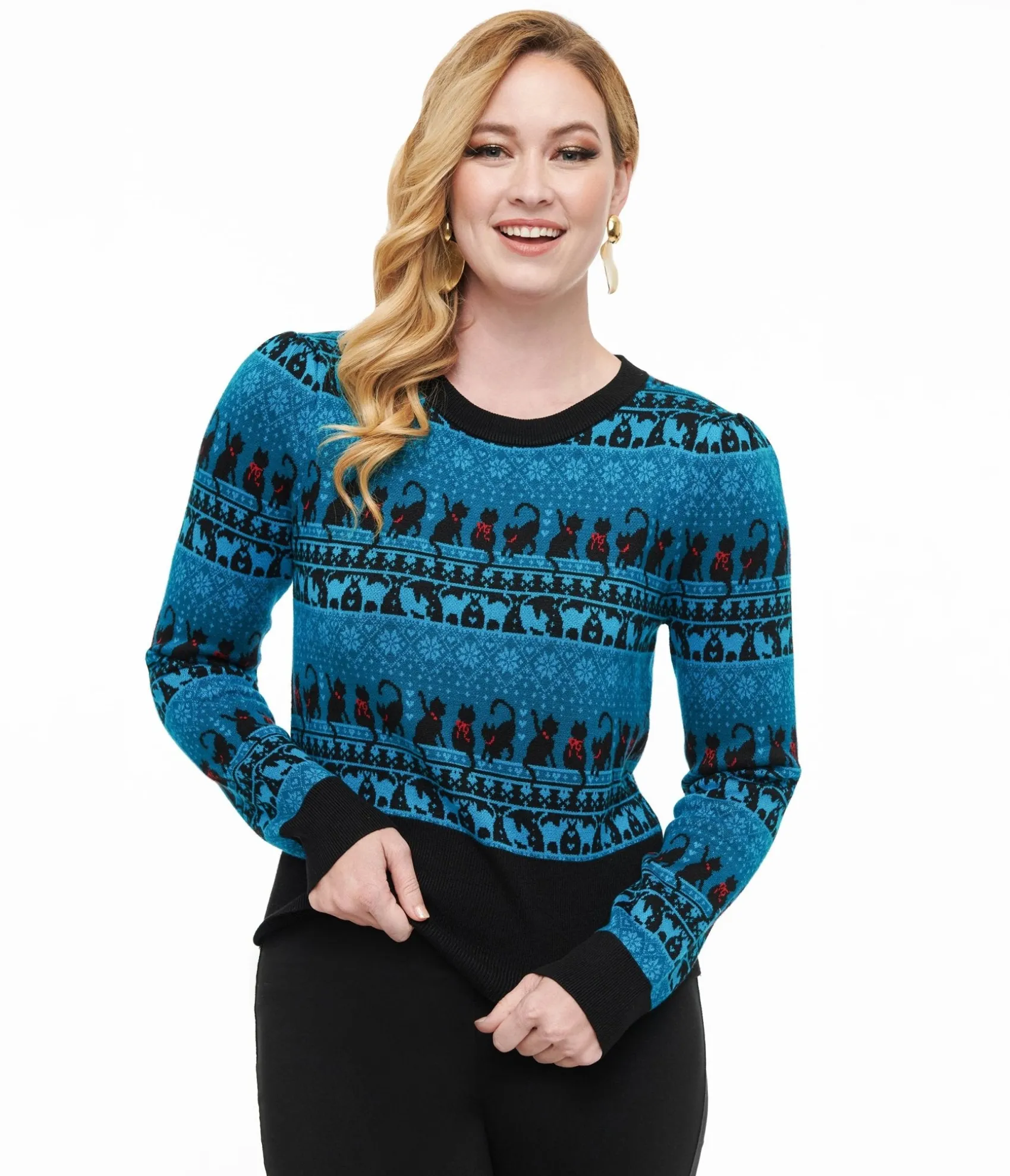 Unique Vintage 1950s Teal Snowflakes & Cats Sweater Discount