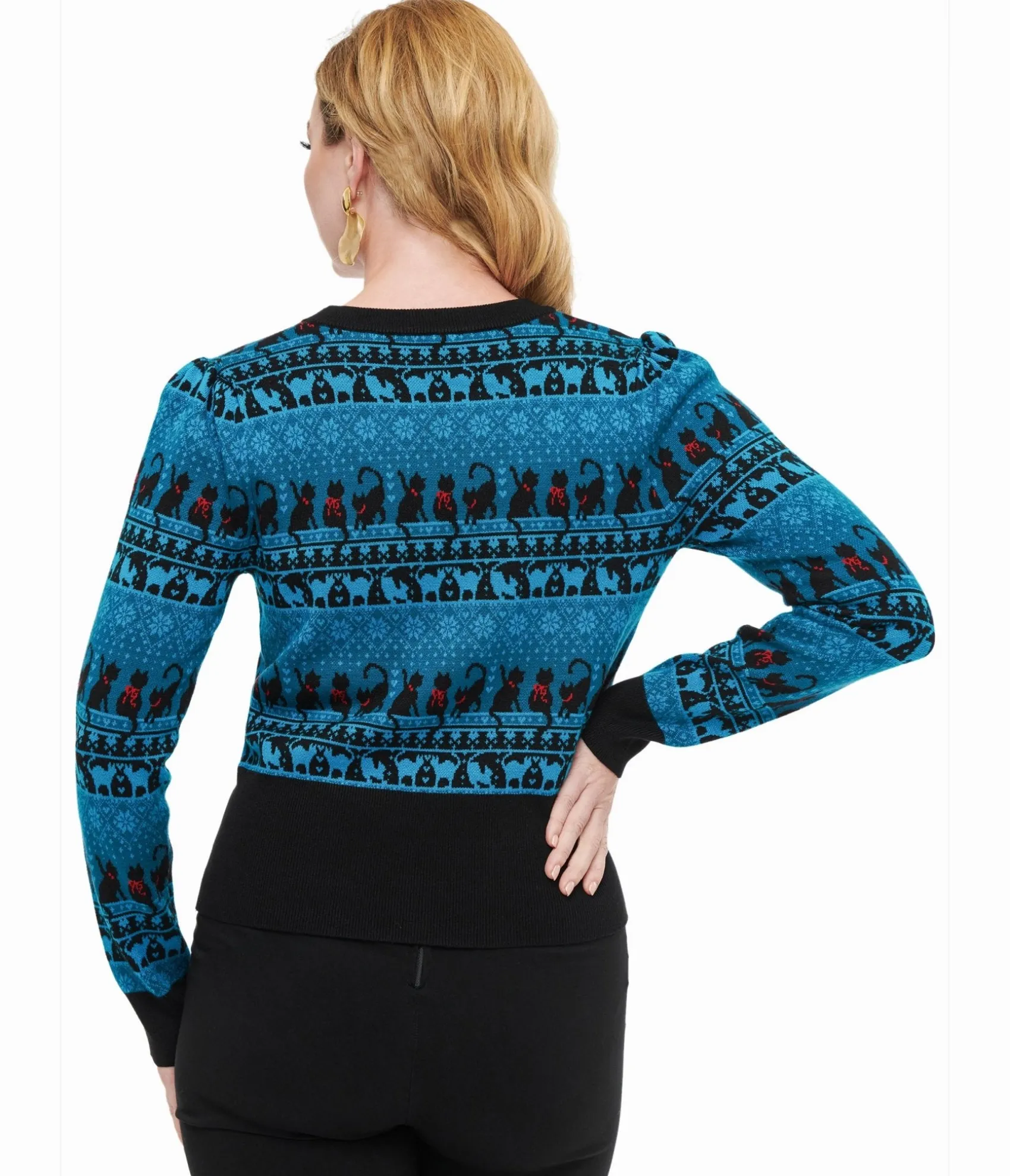 Unique Vintage 1950s Teal Snowflakes & Cats Sweater Discount