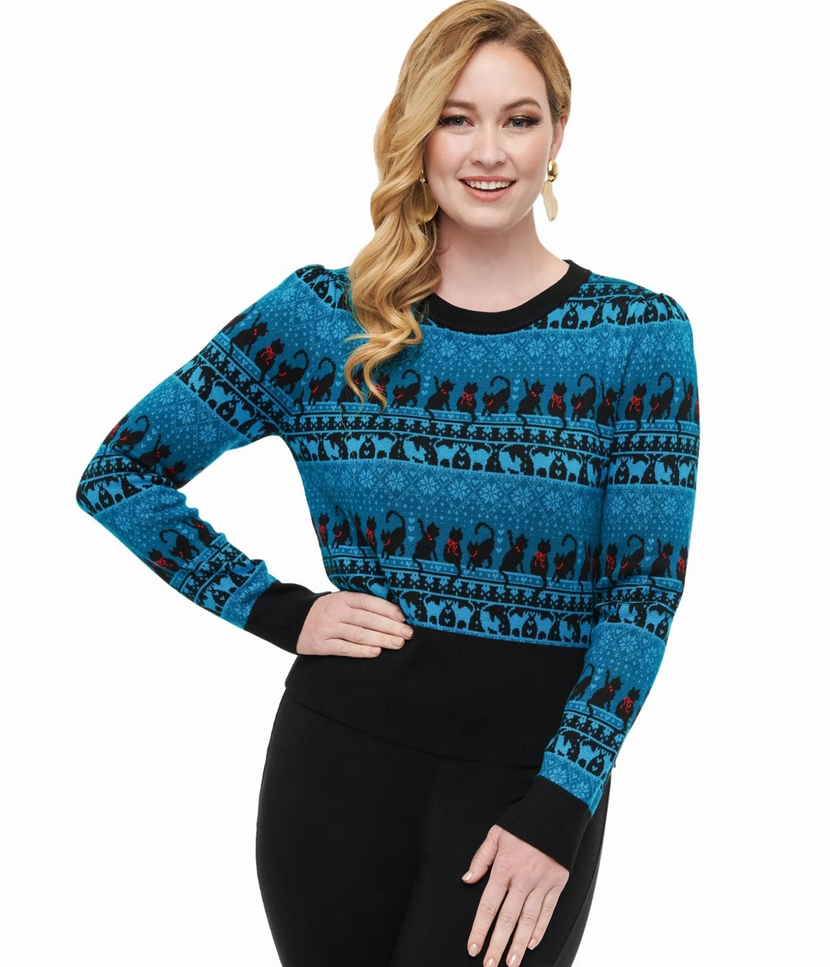 Unique Vintage 1950s Teal Snowflakes & Cats Sweater Discount