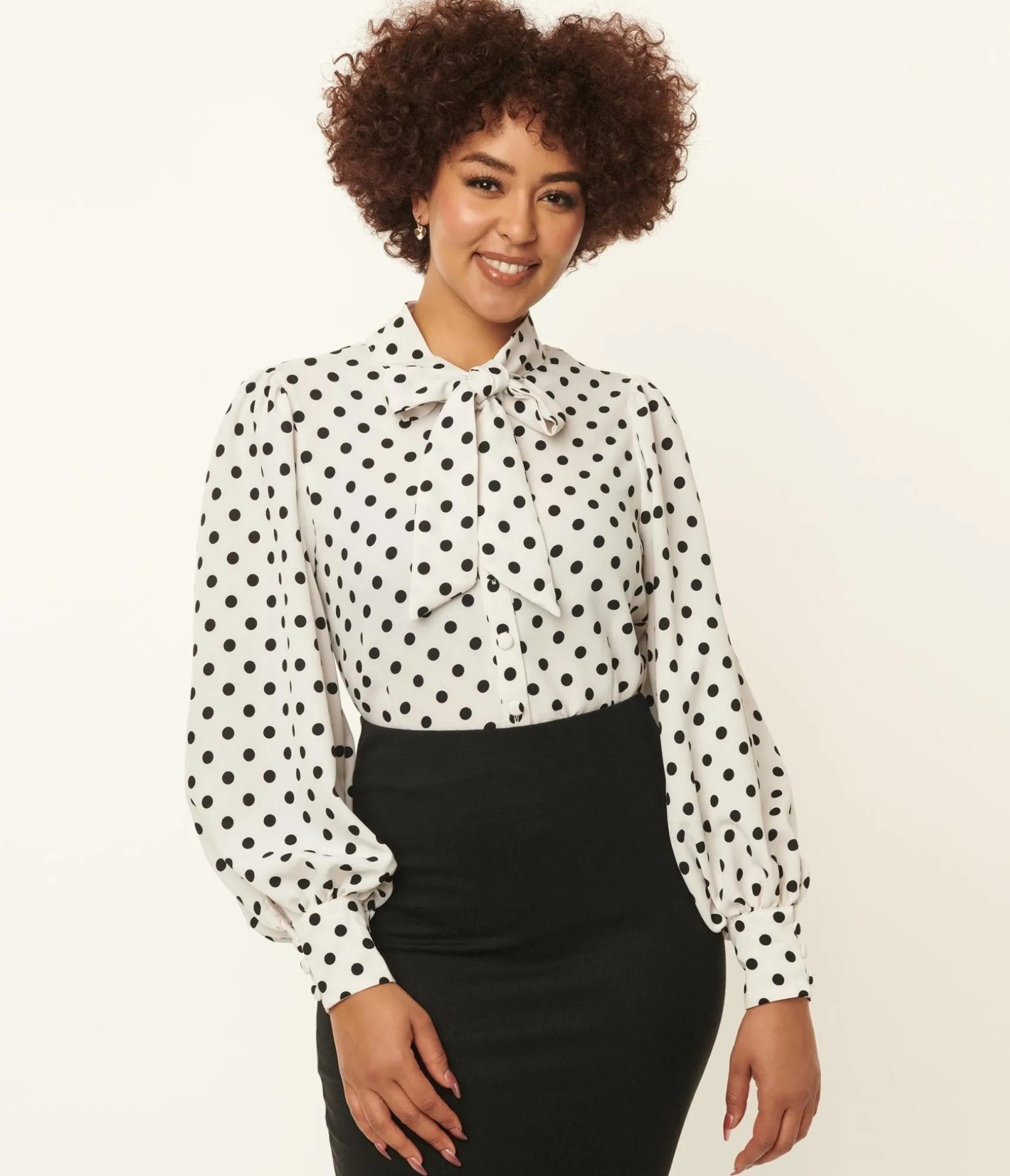 Unique Vintage 1940s White & Black Polka Dot Neck Tie Gwen Blouse Online