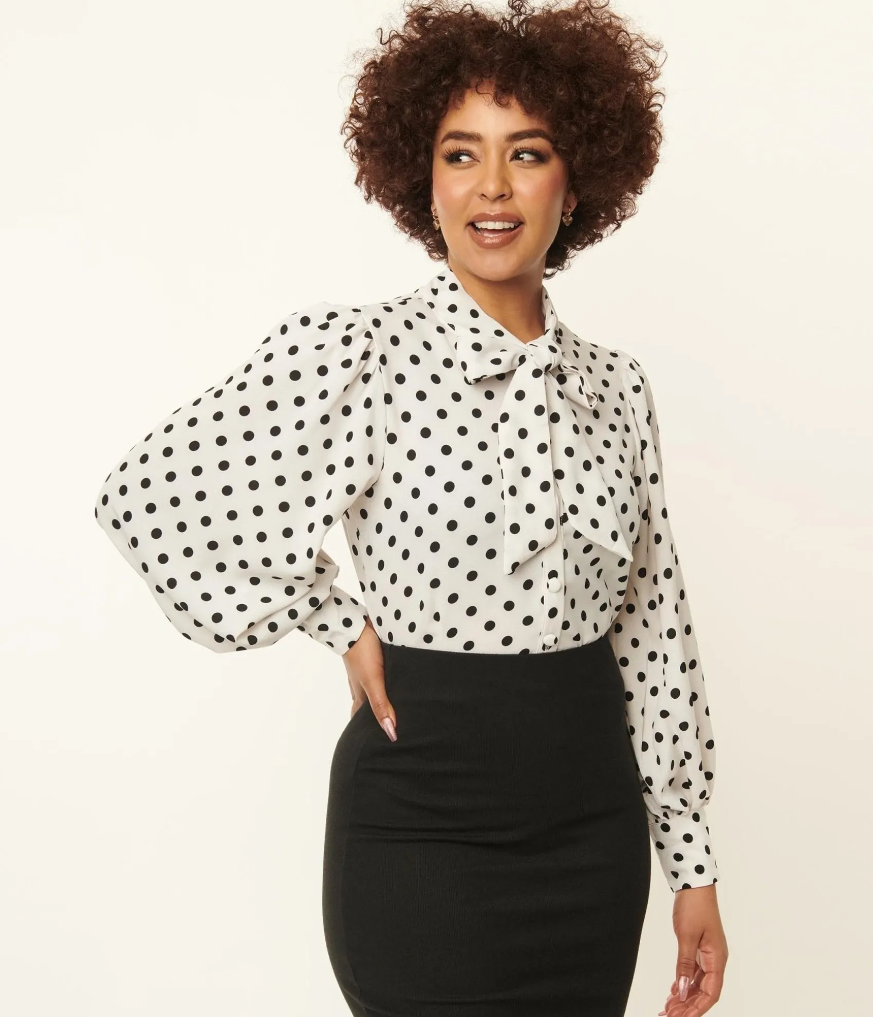 Unique Vintage 1940s White & Black Polka Dot Neck Tie Gwen Blouse Online