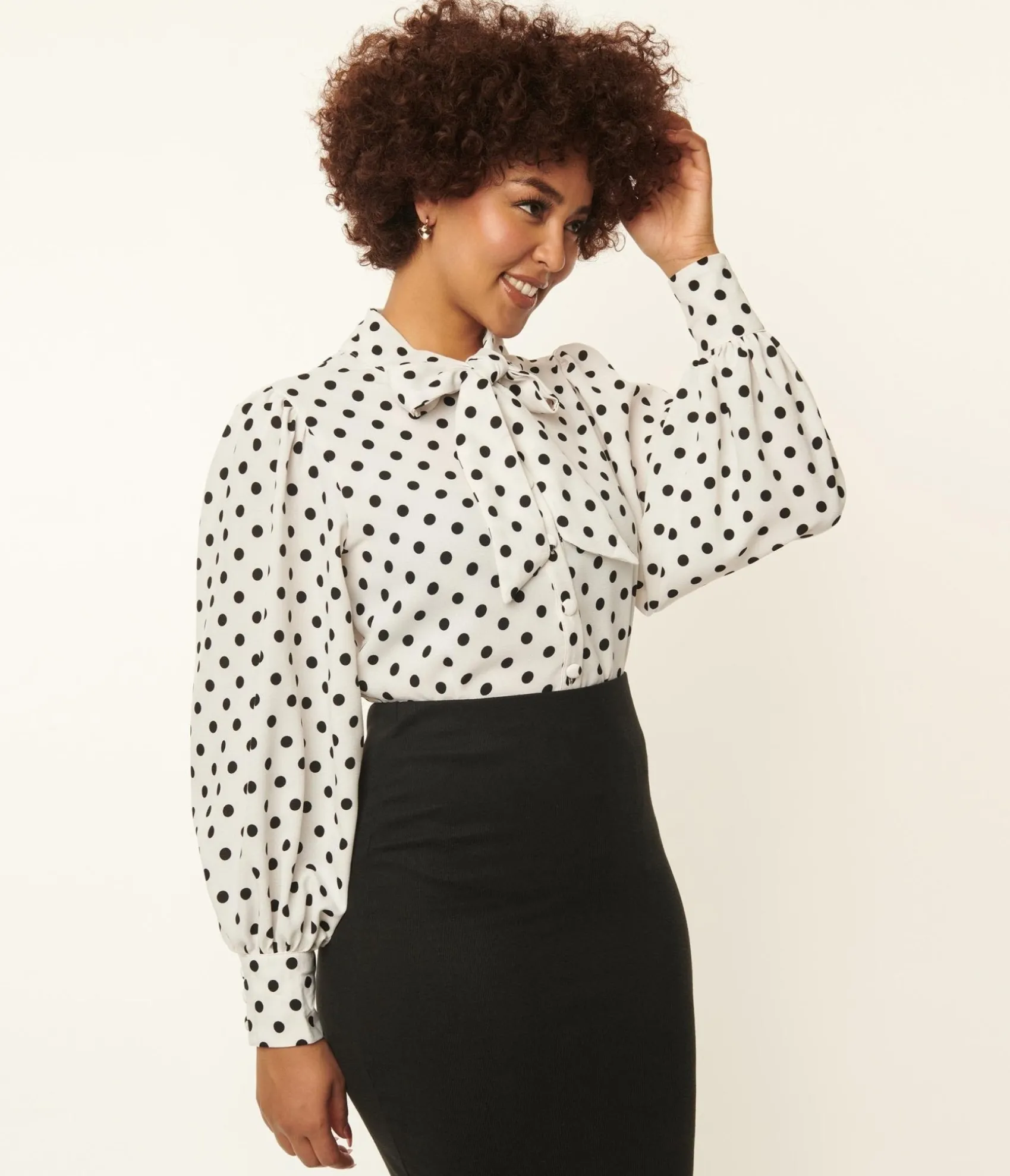 Unique Vintage 1940s White & Black Polka Dot Neck Tie Gwen Blouse Online
