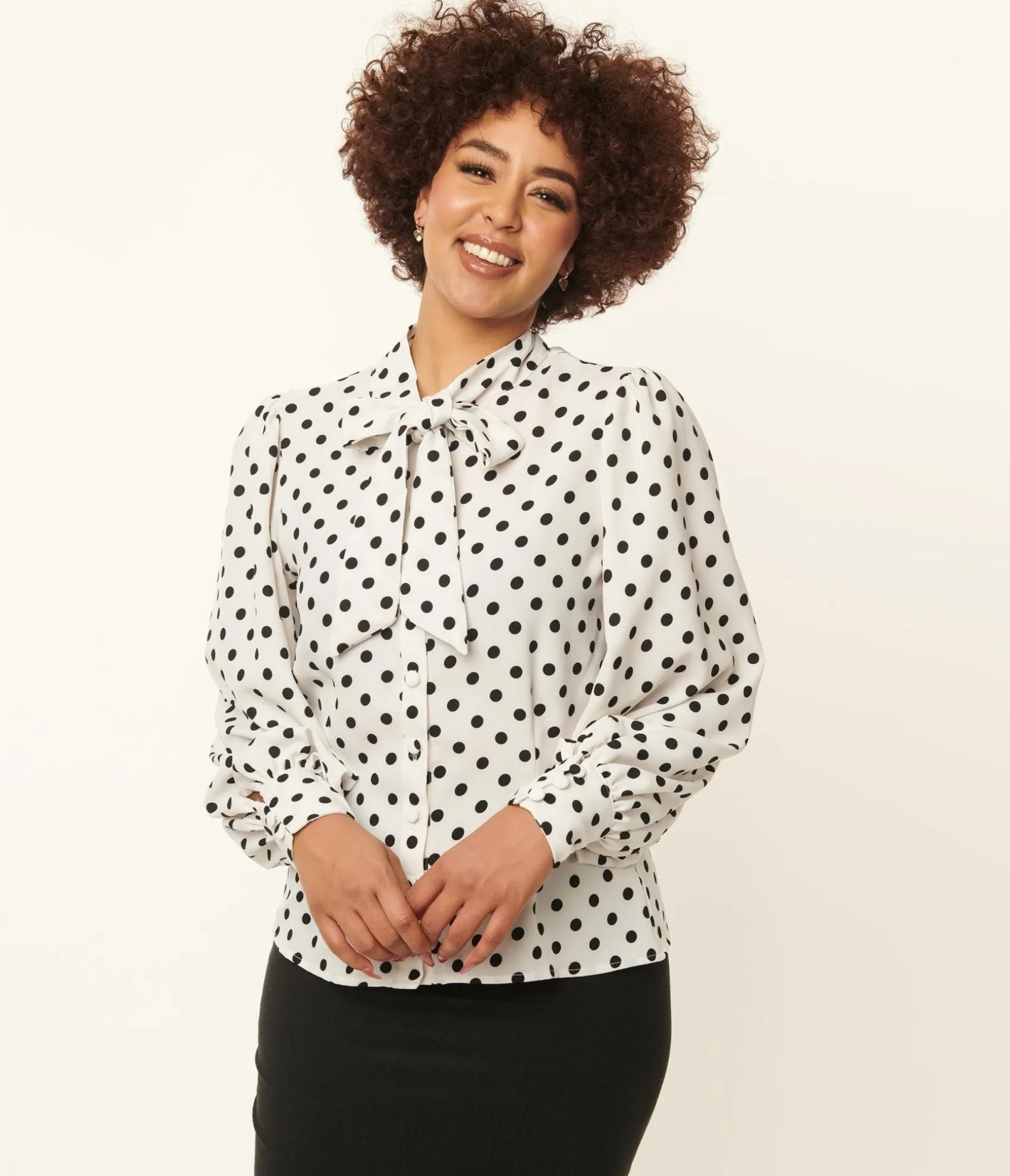 Unique Vintage 1940s White & Black Polka Dot Neck Tie Gwen Blouse Online
