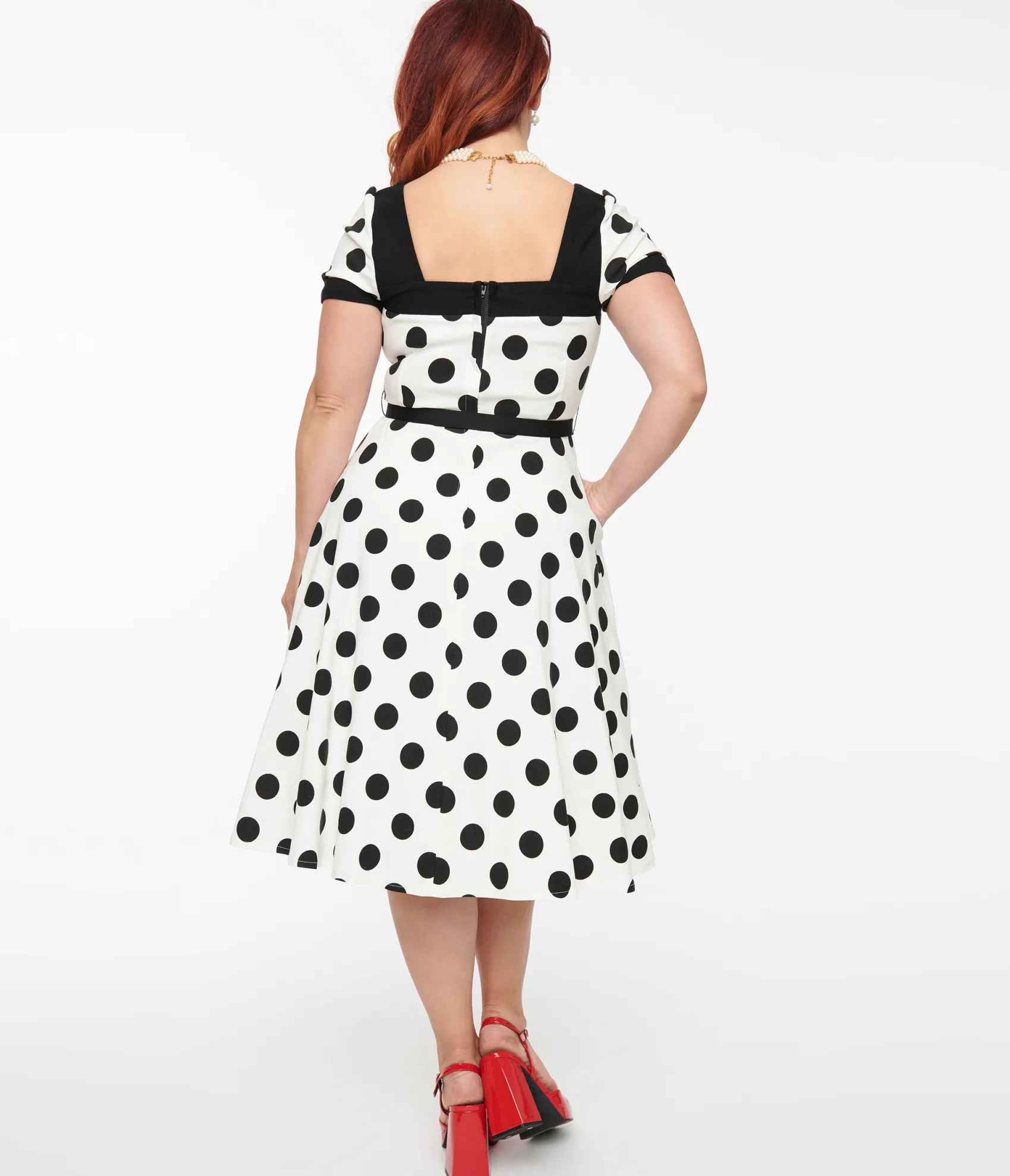 Unique Vintage 1950s White & Black Polka Dot Swing Dress Cheap