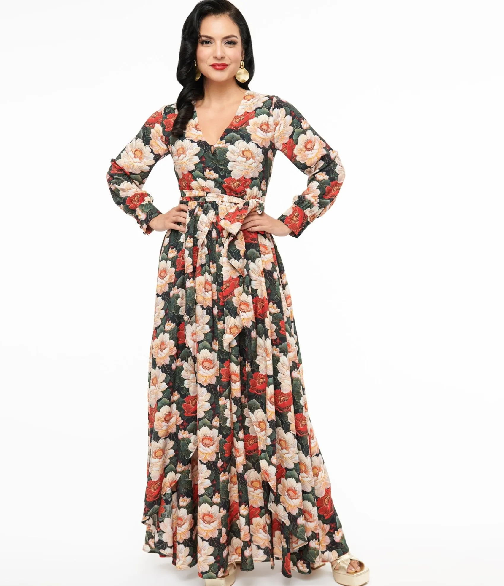 Unique Vintage 1970s White & Red Floral Farrah Maxi Dress Cheap