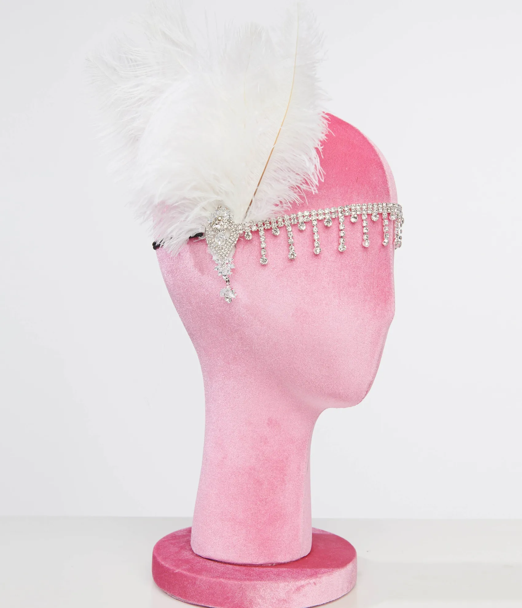 Unique Vintage 1920s White Feather & Silver Rhinestone Headband Clearance