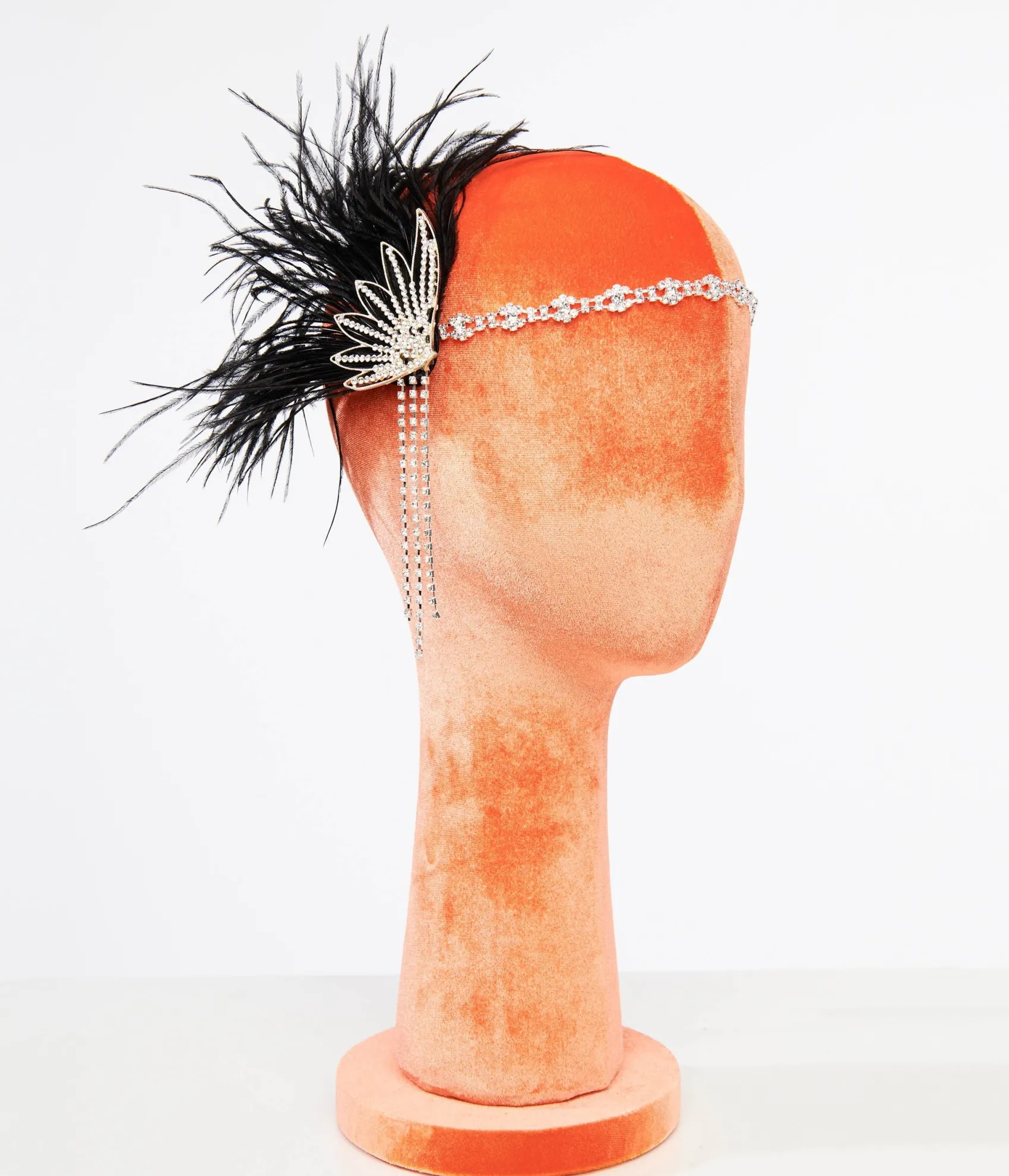 Unique Vintage 1920s White Rhinestone & Black Feather Flapper Headband Cheap
