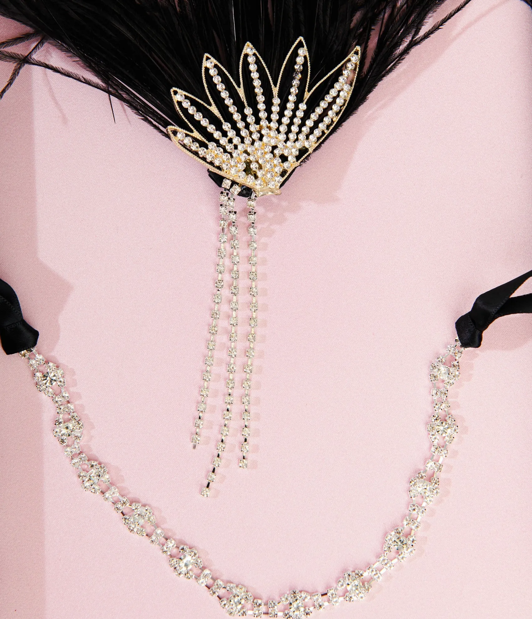 Unique Vintage 1920s White Rhinestone & Black Feather Flapper Headband Cheap
