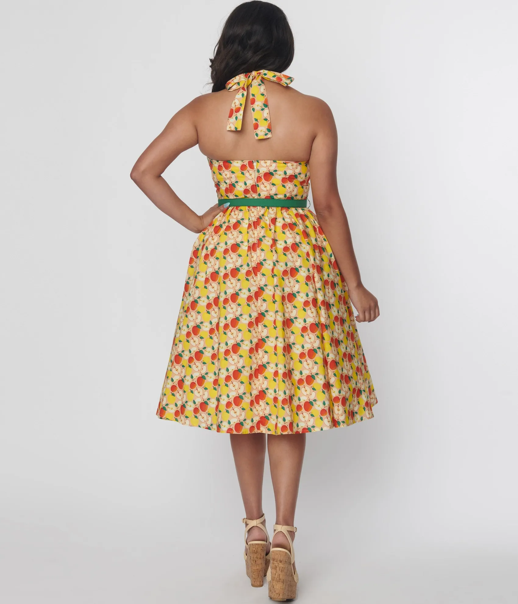 Unique Vintage 1950s Yellow & Red Apple Print Cotton Halter Swing Dress Discount