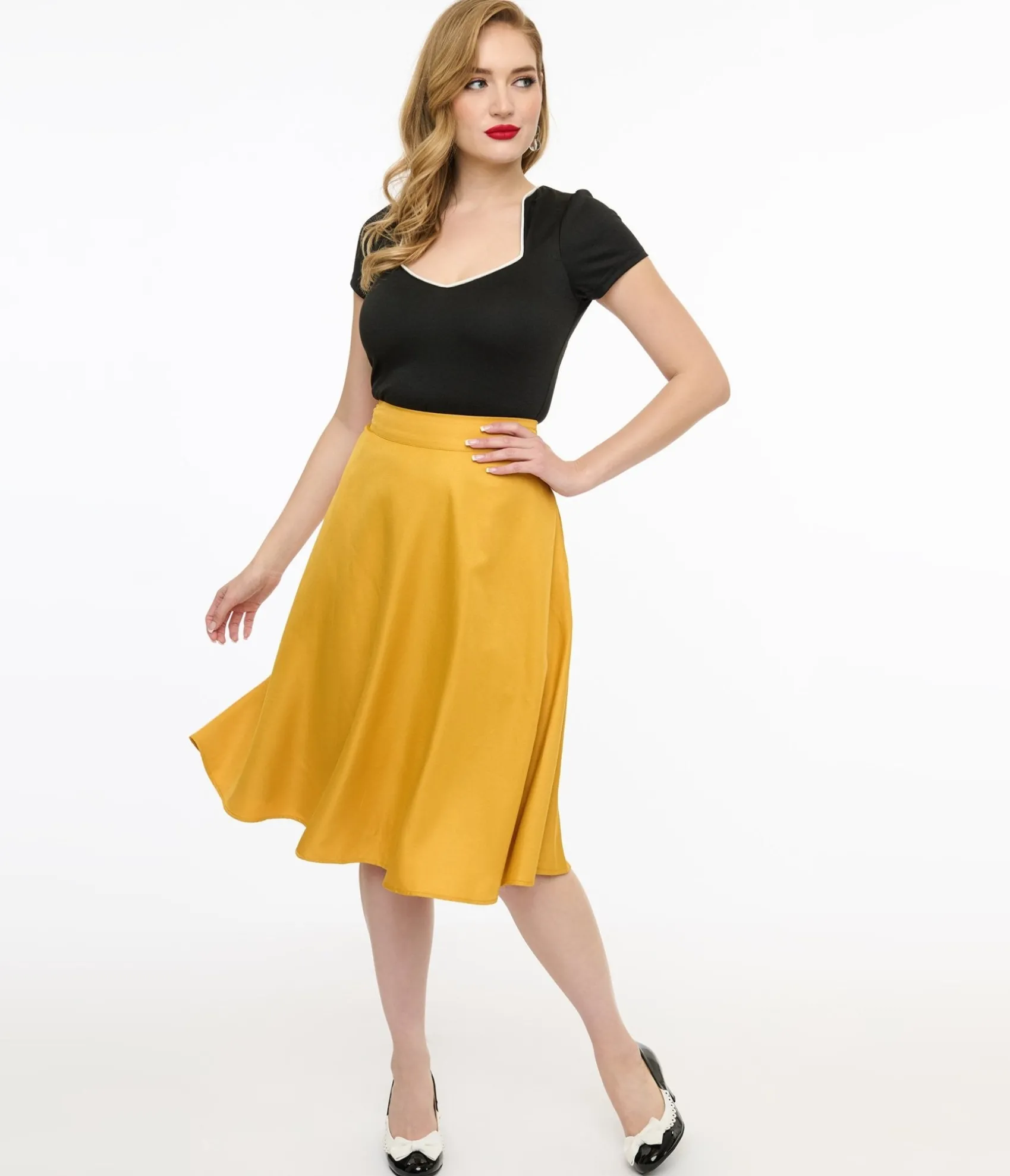 Unique Vintage 1950s Yellow High Waist Vivien Swing Skirt Best