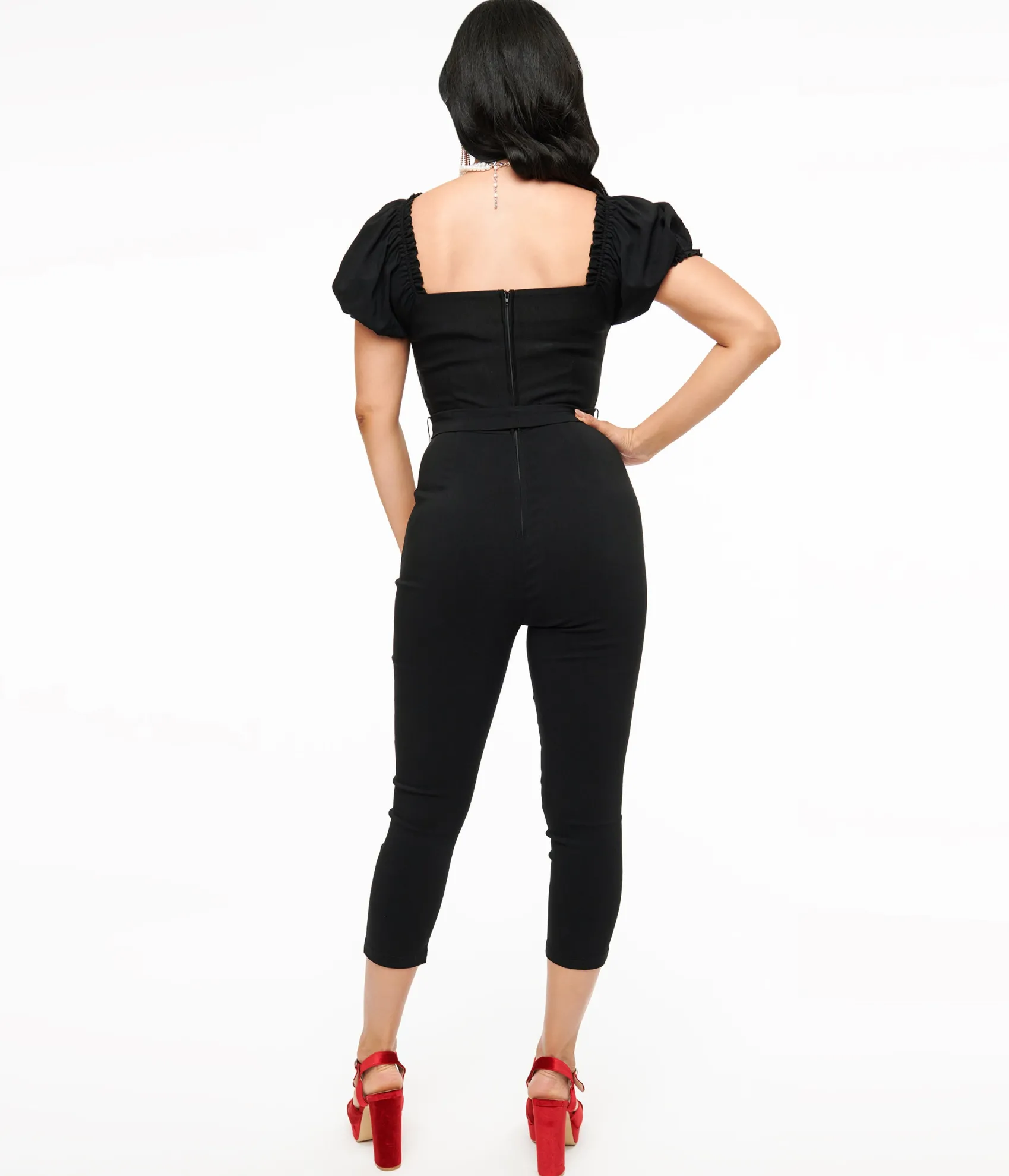 Unique Vintage Solid Black Belted Jumpsuit Cheap