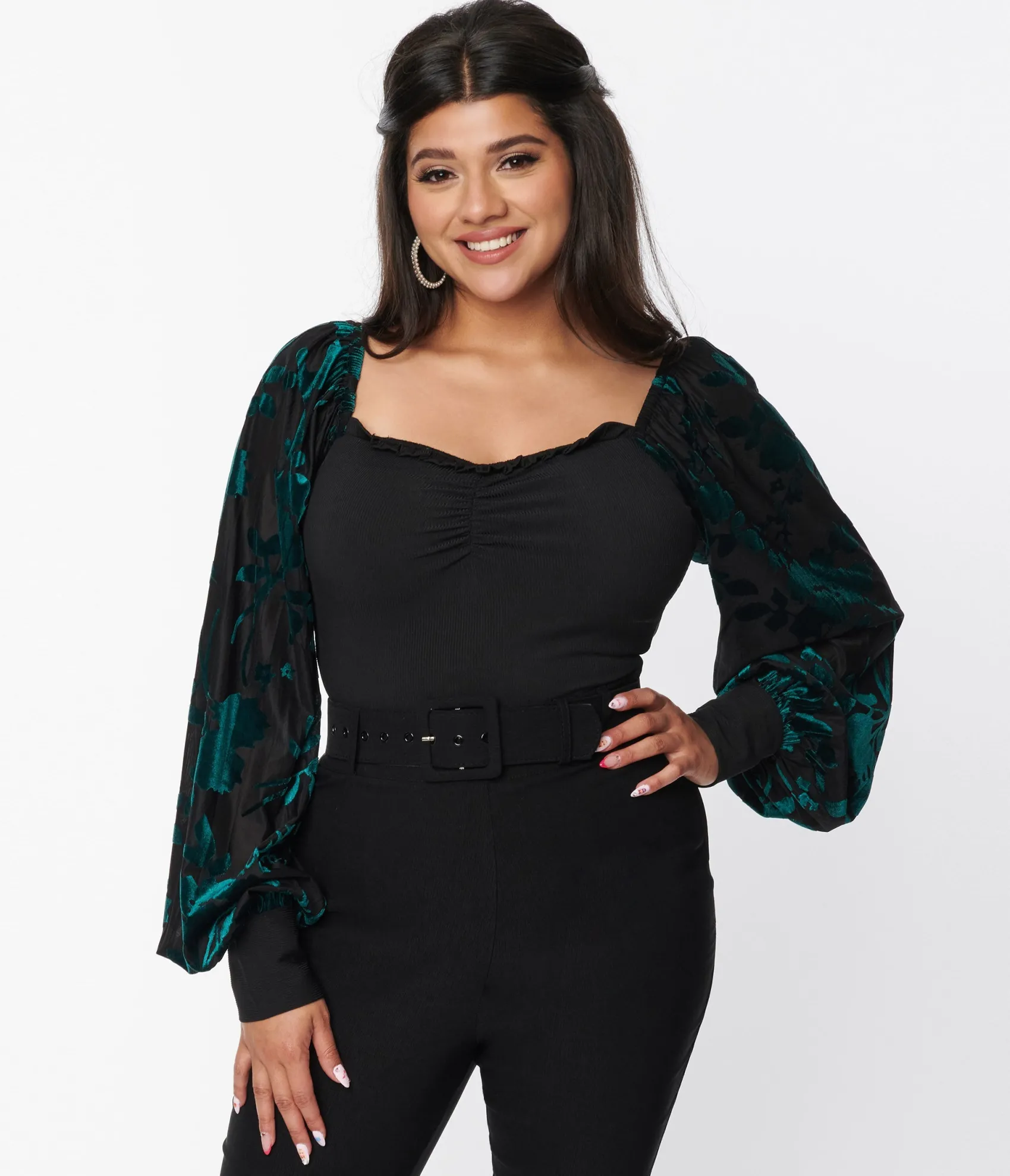 Unique Vintage Teal & Black Floral Velvet Burnout Bodysuit Hot