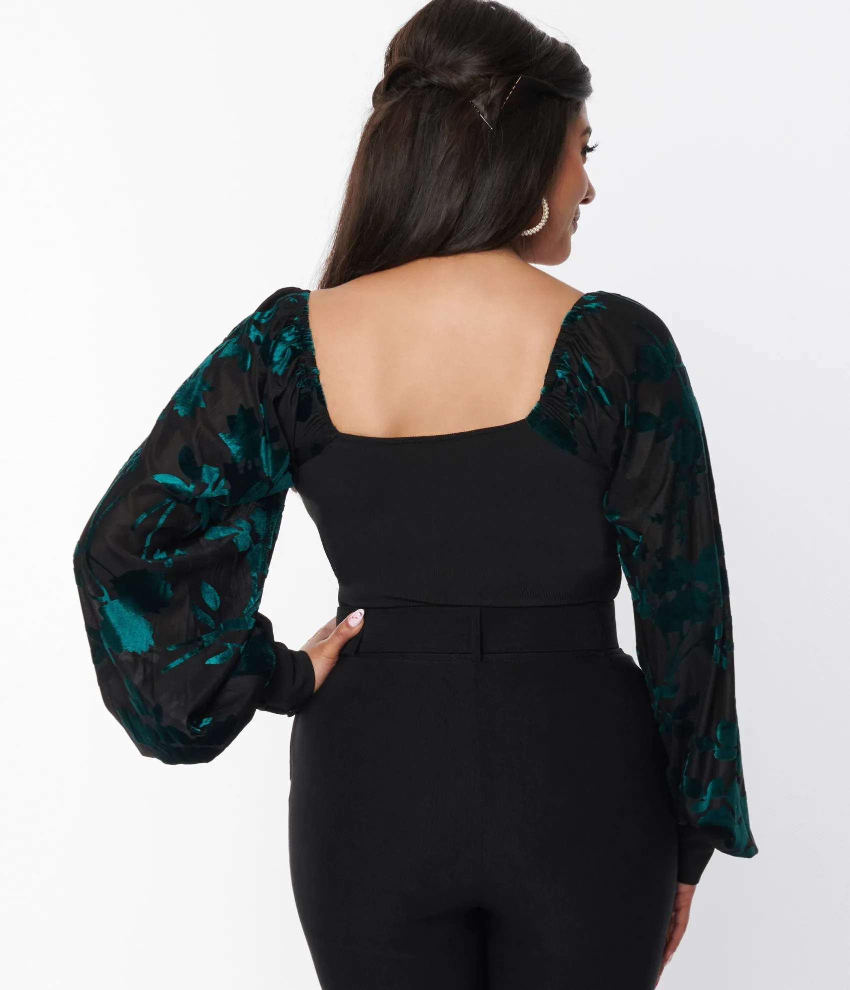 Unique Vintage Teal & Black Floral Velvet Burnout Bodysuit Hot