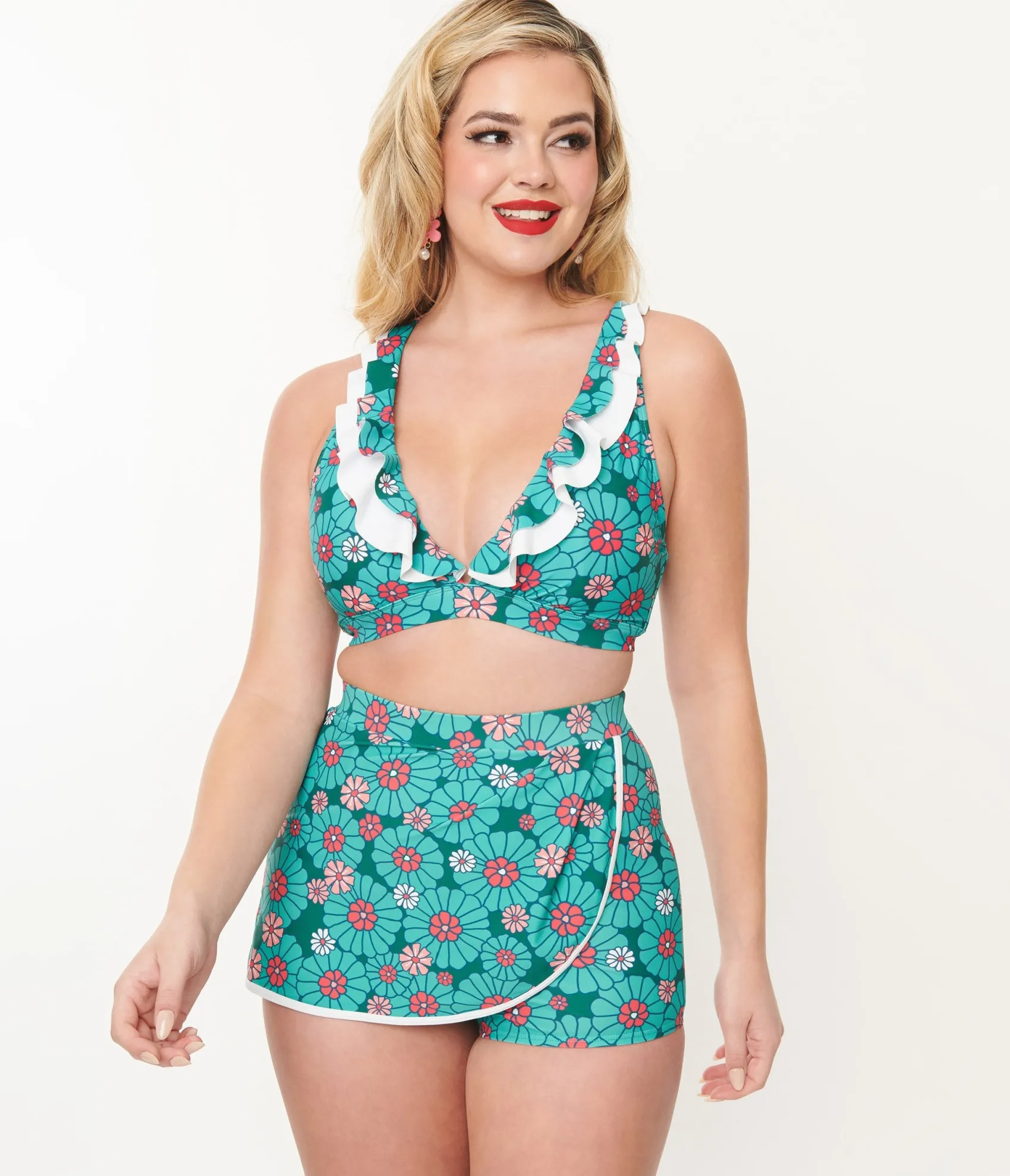 Unique Vintage Teal Flower Child Halter Swim Top Flash Sale